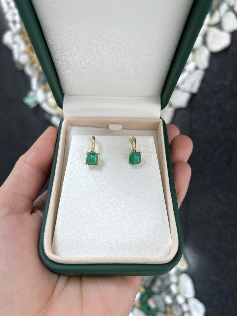2.80tcw Natural Emerald Asscher Cut Knife Edge Huggie Dangle Earrings in 14K Gold - Perfect for Weddings, Parties & Special Occasions