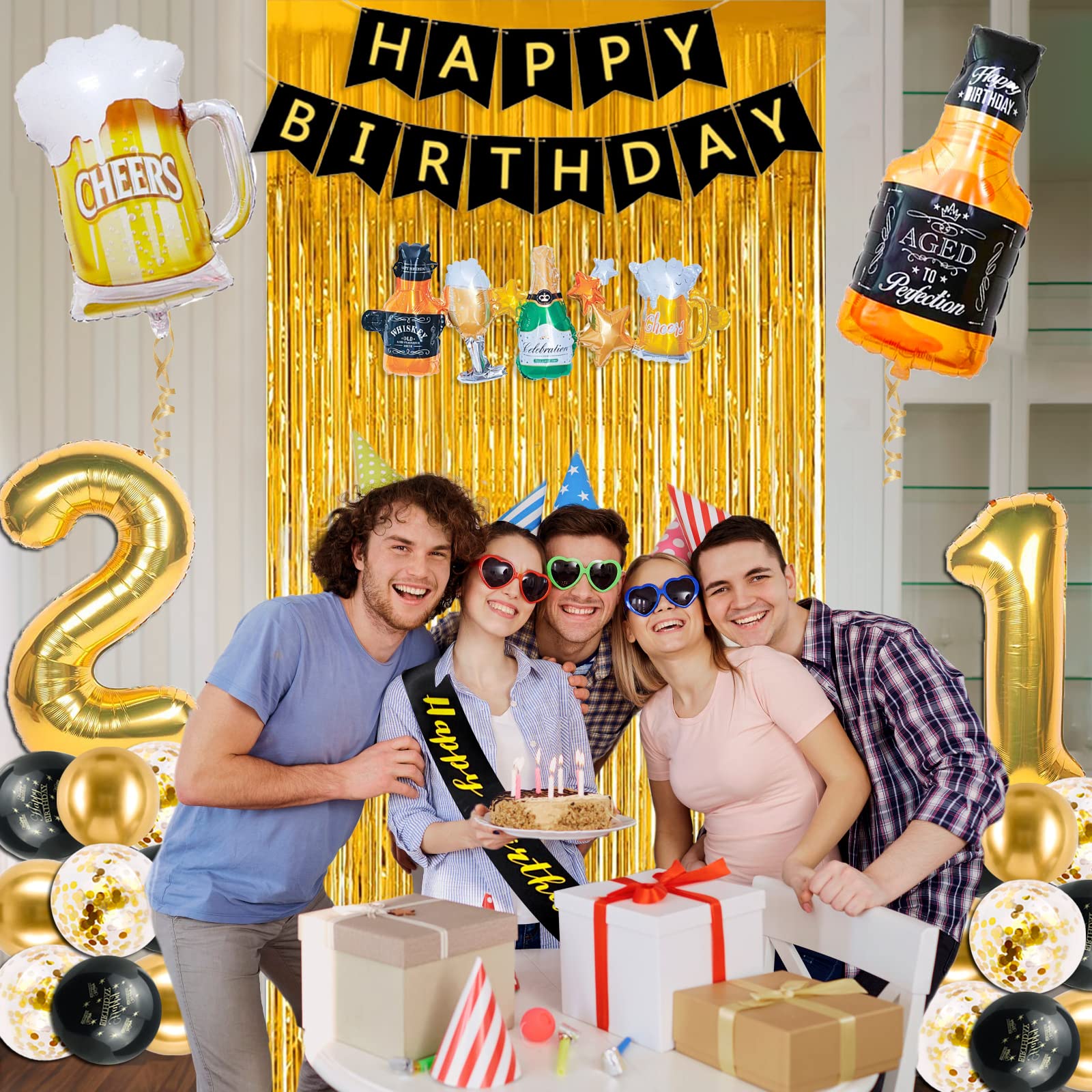 21st Birthday Party Decorations for Him & Her - Black & Gold Balloons, Banner, Fringe Curtain & Confetti Set - Perfect for 21st Birthday Celebrations, Milestone Parties & Adult Birthday Decor