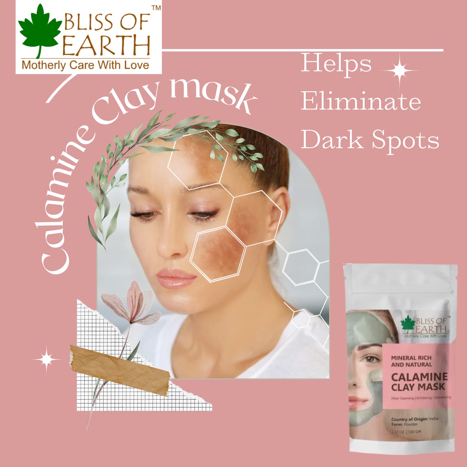 **Bliss of Earth 100% Pure Pink Calamine Clay Powder - 3 Pack (100g Each) for Acne, Eczema & Skin Detox - Perfect for DIY Face Masks & Natural Skincare**