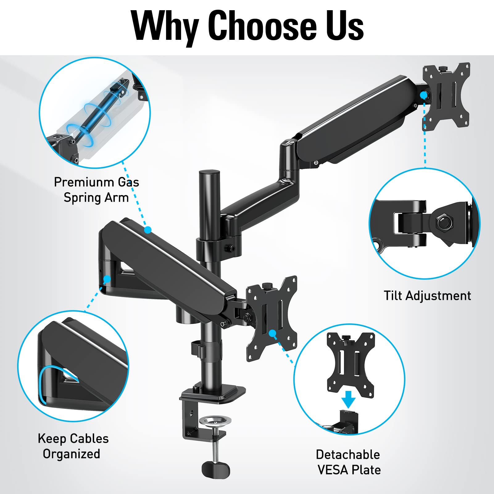 MOUNTUP Dual Monitor Stand for Desk - Adjustable Gas Spring Arm Mount Holds 2 Screens 17-32 Inch, VESA Compatible with Clamp/Grommet Base - Perfect for Home Office, Gaming & Workstation Setup