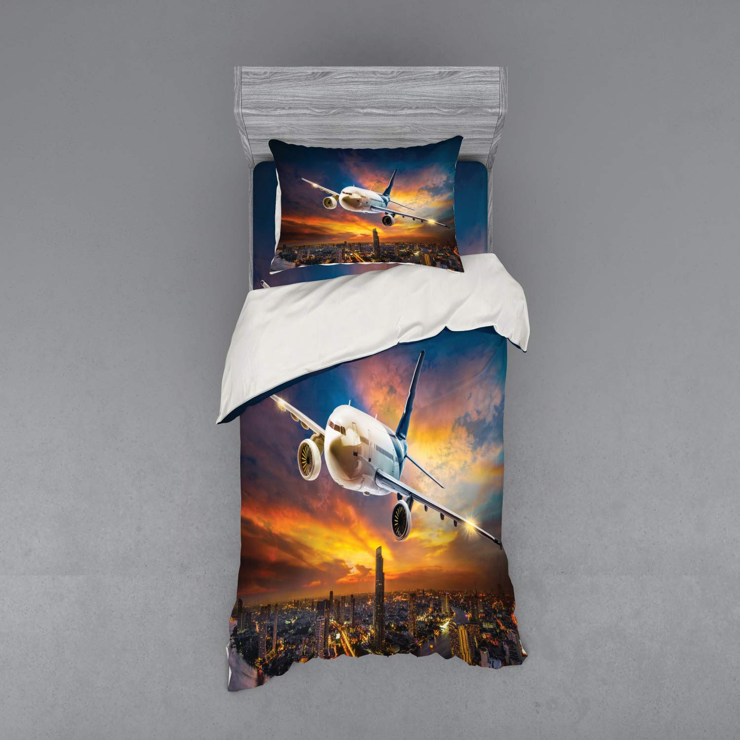 Ambesonne 3-Piece Travel Bedding Set - Twin XL Duvet Cover with Sham & Fitted Sheet - Aerial Airport Night Scenery Sunset Design in Orange & Blue - Perfect for Dorms, Guest Rooms & Travel Enthusiasts
