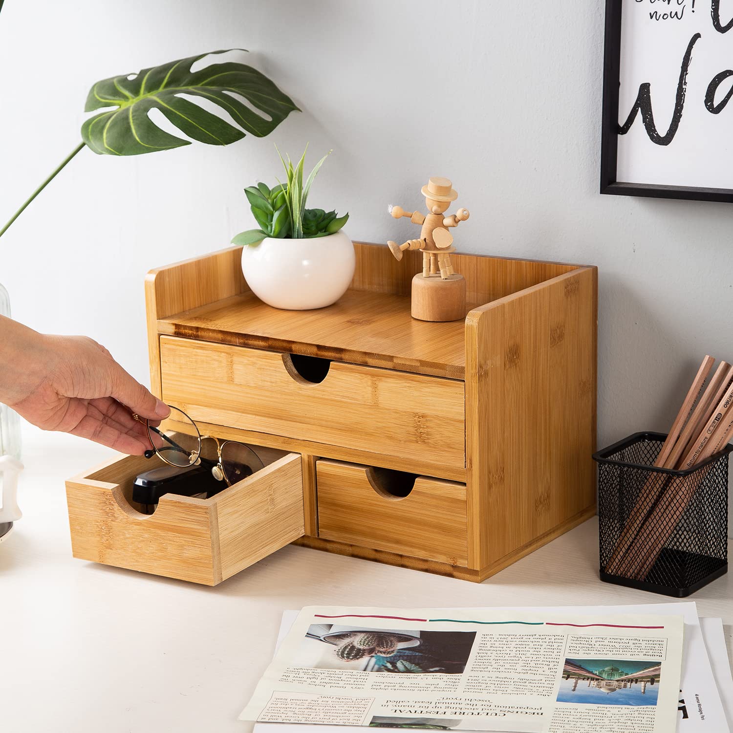 Rustic Distressed White 3-Tier Bamboo Desk Organizer with 3 Drawers - Mini Desk Storage Shelf for Office, Vanity & Bathroom - Perfect for Organizing Stationery, Makeup & Toiletries