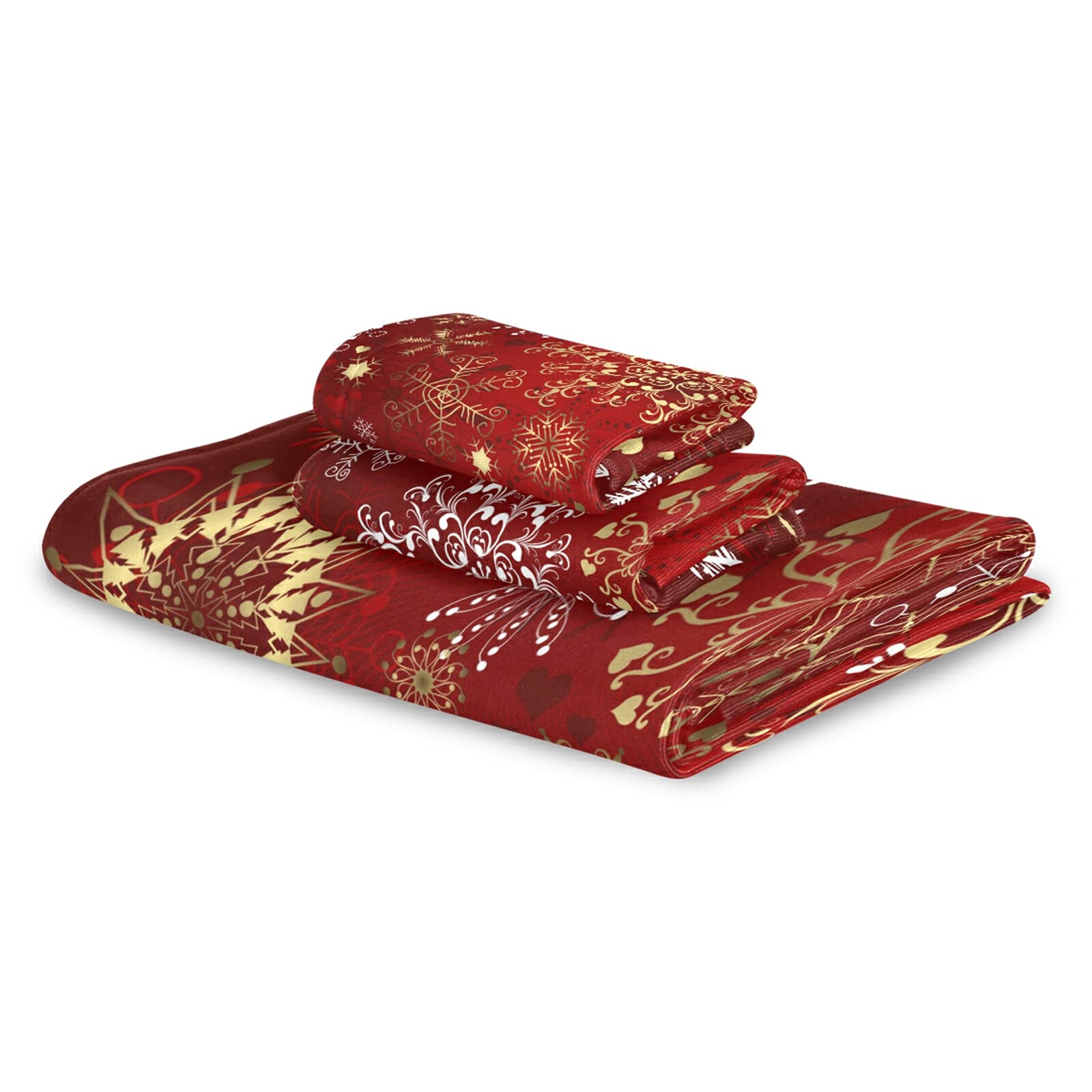 ALAZA Merry Christmas Gold Snowflake Red New Year Soft 3-Piece Bath Towel Set - 1 Bath Towel, 1 Hand Towel, 1 Washcloth for Bathroom, Spa & Hotel Luxury - Perfect for Holiday Decor & Gift Giving