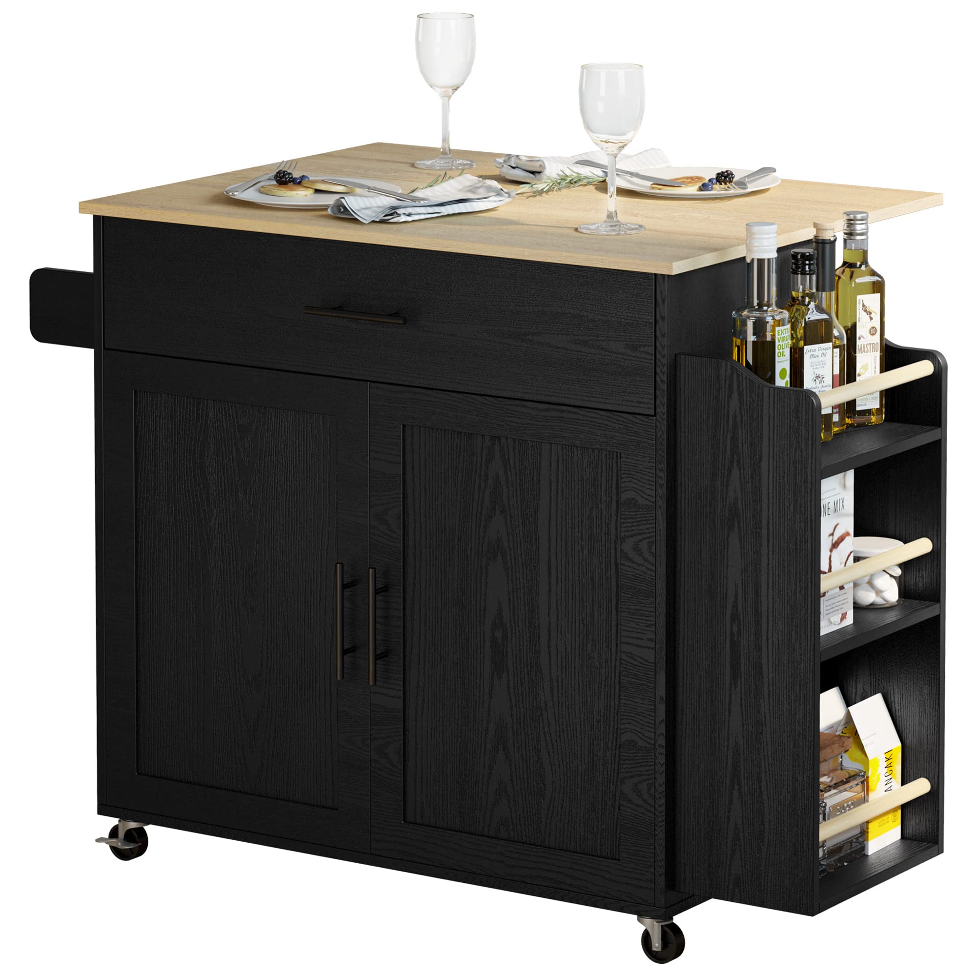 IRONCK Black Kitchen Island Cart with Storage - Rolling Mobile Kitchen Island with Drop Leaf, 3-Tier Spice Rack, Cabinet Door & Drawer - Perfect for Small Kitchens, Dining Areas & Food Prep Stations