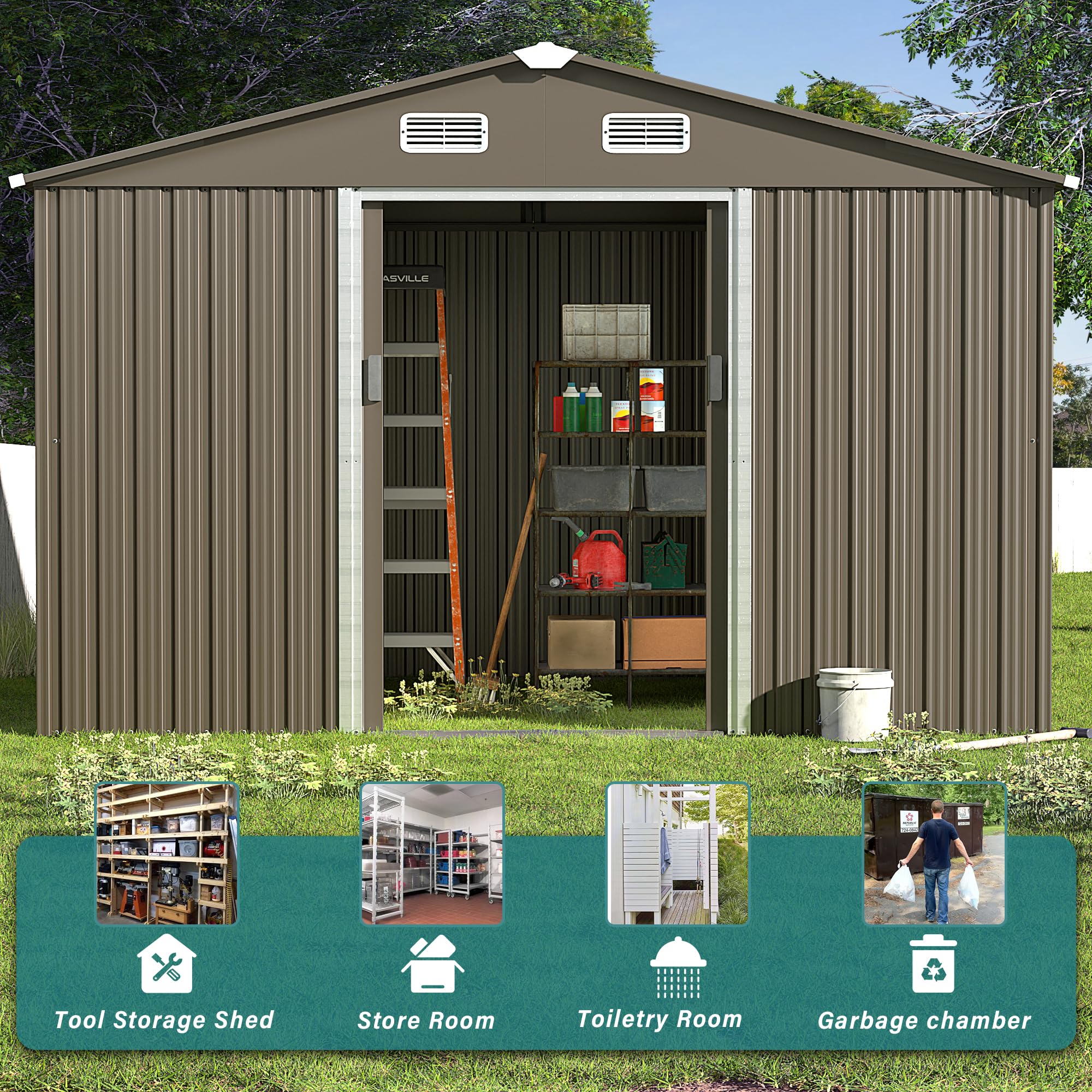 10FT x 8FT Metal Storage Shed with Lockable Sliding Doors & Air Vent - Outdoor Garden Shed for Backyard, Patio, Lawn - Perfect for Tiny House Utility, Tool Storage & Outdoor Equipment Organization