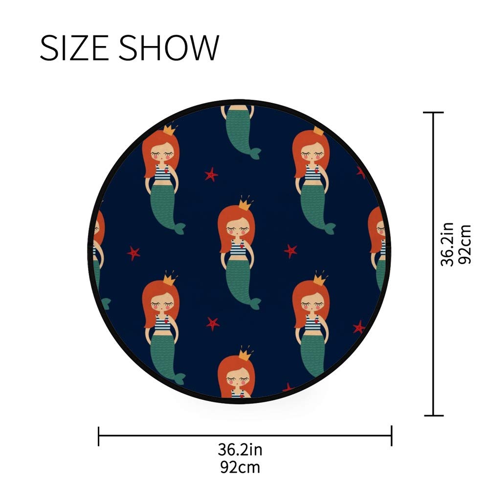 Cute Mermaid Cartoon Round Area Rug - 3' Diameter Non-Slip Polyester Floor Mat for Living Room, Bedroom & Kids Play Area | Perfect for Yoga, Playtime & Home Decor