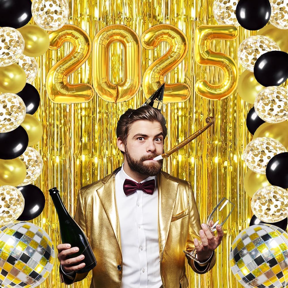 2025 Black & Gold New Year Party Decorations Set - Balloons, Banner, Hanging Swirls & Curtains for New Year's Eve Celebrations | Elegant Holiday Home & Office Decor