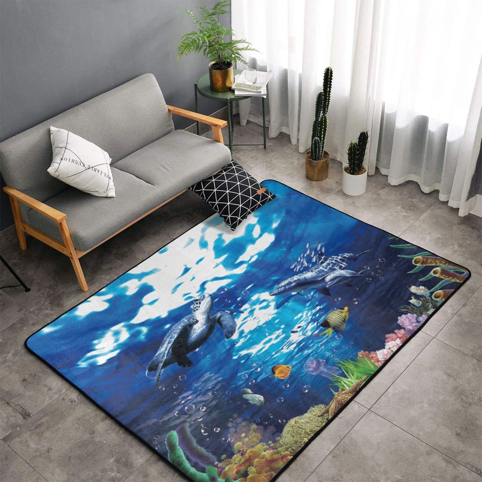 Washable Non-Slip Area Rug 5x6 Ft - Watercolor Sea World Animal Print Soft Large Floor Carpet for Kids Room, Living Room, Bedroom Decor | Perfect for Nursery, Playroom & Cozy Home Spaces