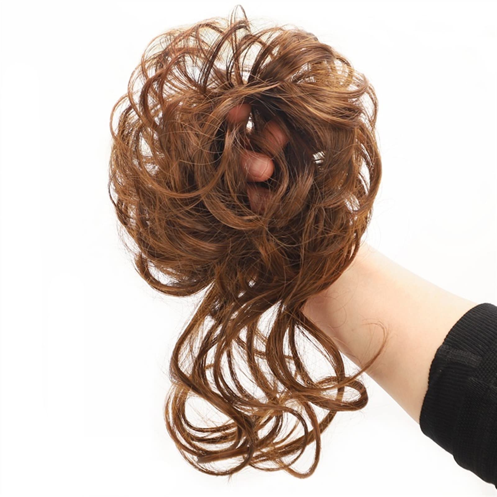 Real Human Hair Bun Extensions - Curly Messy Bun with Fringe Tail, Tousled Updo Scrunchies, Elastic Ponytail Hairpiece (Light Brown) | Perfect for Weddings, Parties & Everyday Hairstyles