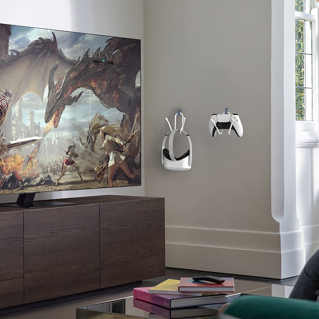 Linkidea Universal Controller Wall Mount Holder - Compatible with PS4, PS5, Xbox Series X/S, Nintendo Switch - Adjustable Headphone Hook & VR Headset Hanger - Space Saving Gaming Accessories (White, 4 Pack) - Perfect for Game Room Organization & VR Setup