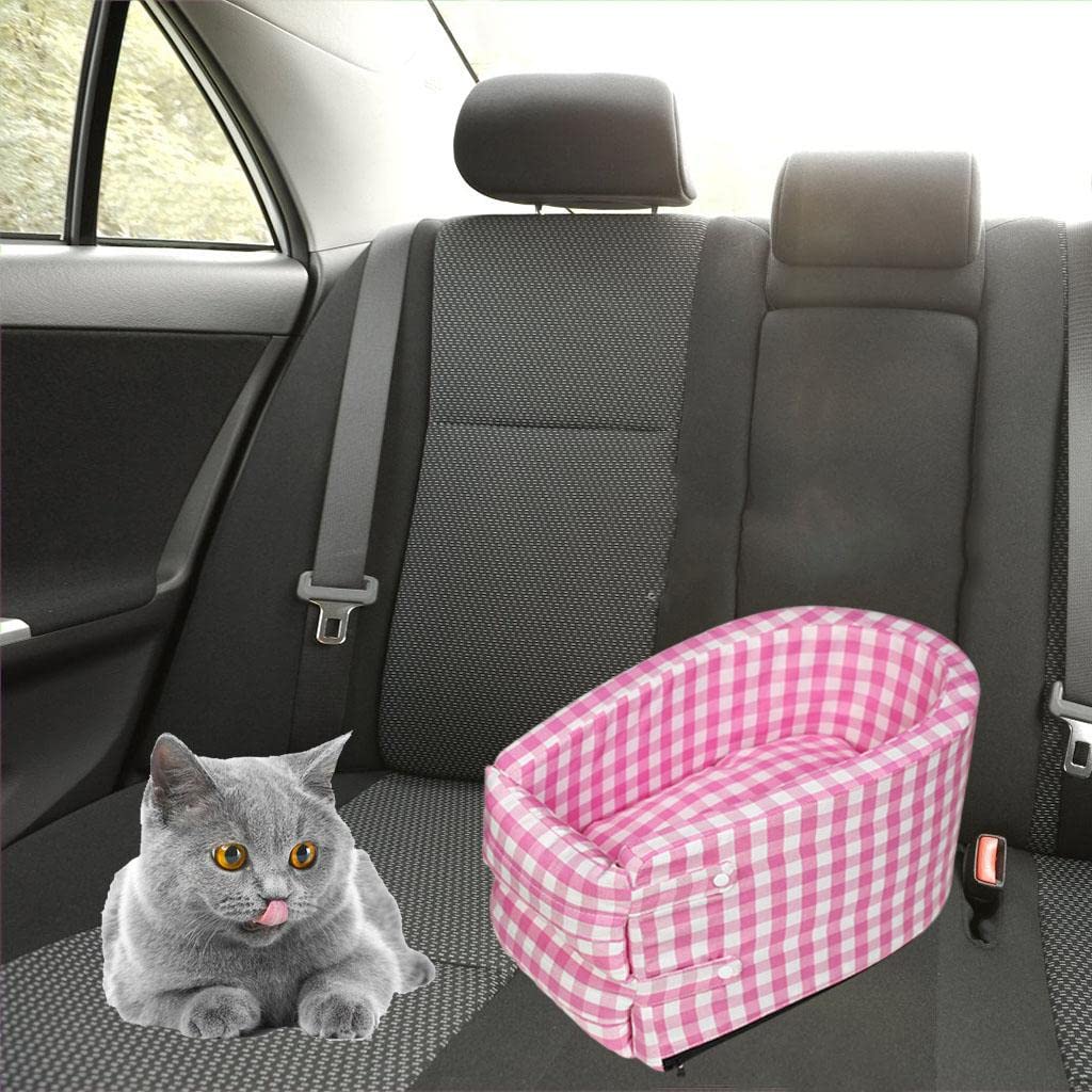 GAH Portable Pet Car Seat - Anti-Slip & Washable Dog & Cat Car Cushion for Small Pets, Pink Plaid Design - Perfect for Travel, Road Trips & Vet Visits