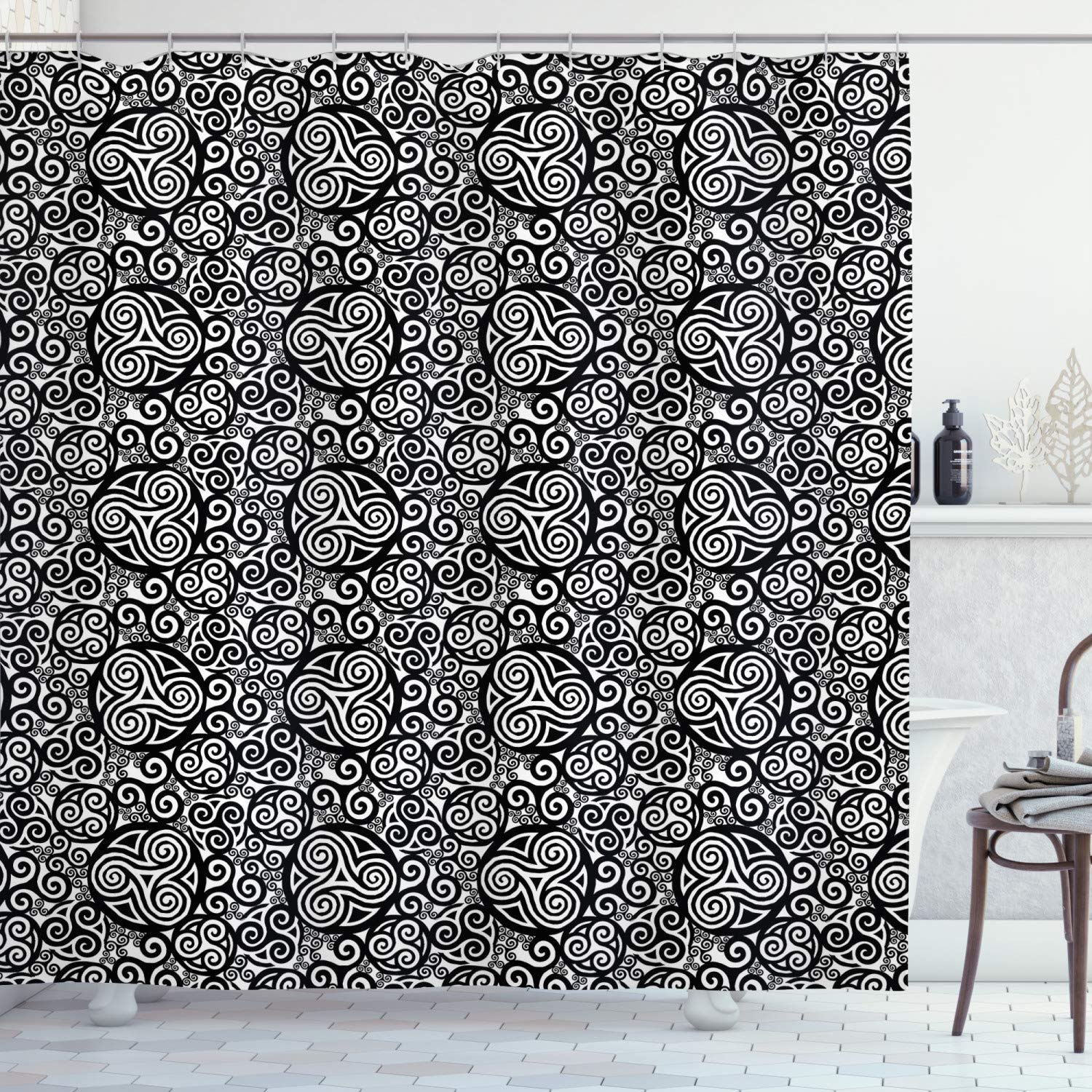 Ambesonne Abstract Shower Curtain - Monochrome Celtic Triskelion Design with Rhythmic Intertwined Patterns, 69x70 Inch Fabric Bathroom Decor Set with Hooks, Charcoal Grey & White | Waterproof Polyester for Modern & Vintage Bathrooms