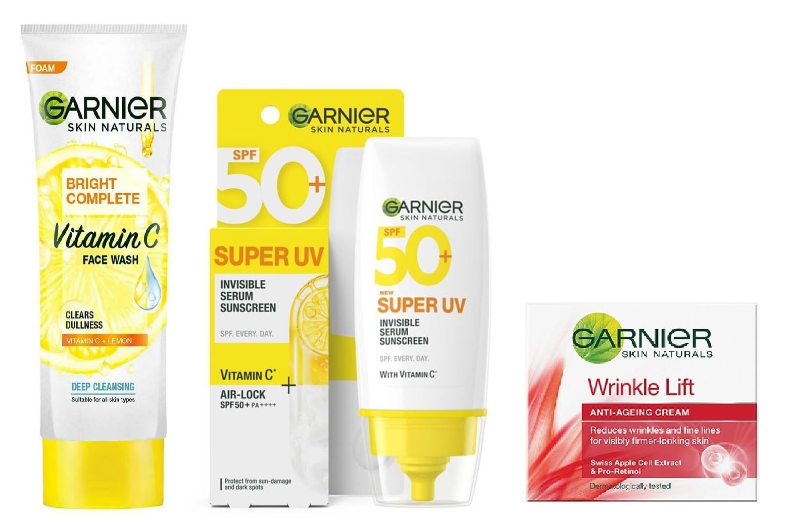 Garnier Bright Complete Super UV Invisible Serum Sunscreen SPF 50 PA++++ UVA/UVB Protection for All Skin Types 30ml + Wrinkle Lift Anti-Aging Cream 18g + Vitamin C Foam Face Wash 50g - 3-Piece Skincare Set for Daily Glow & Sun Protection