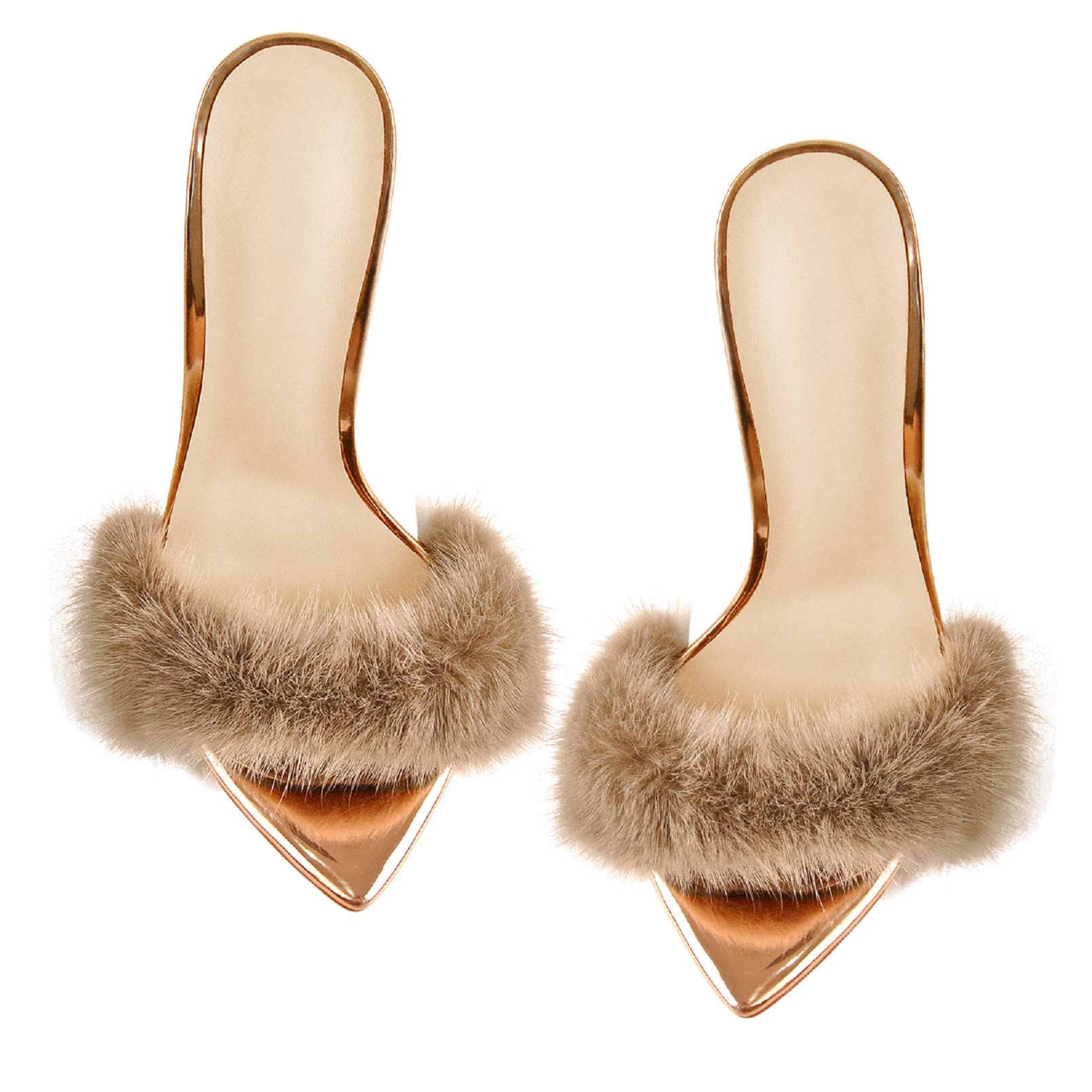 Richealnana Women's Fuzzy Fur Mules Slip-On High Heel Sandals - Comfortable House Shoes for Indoor/Outdoor Wear