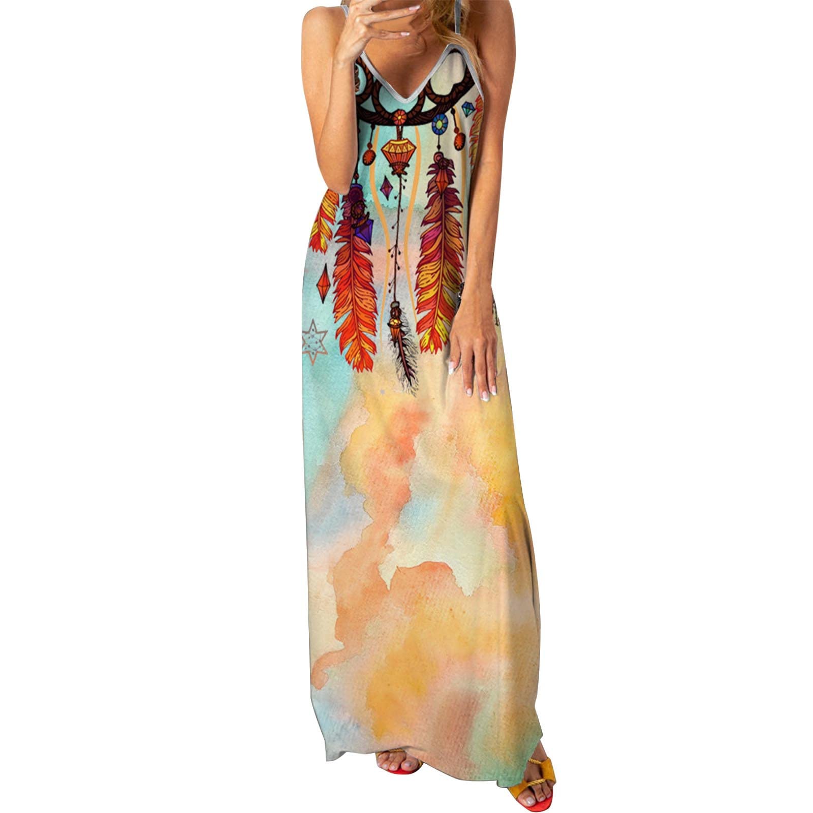 HHPP Women's Floral Print Long Maxi Dress - V Neck Spaghetti Strap Summer Dress for Casual Wear | Beach Vacation, Date Night, Outdoor Party