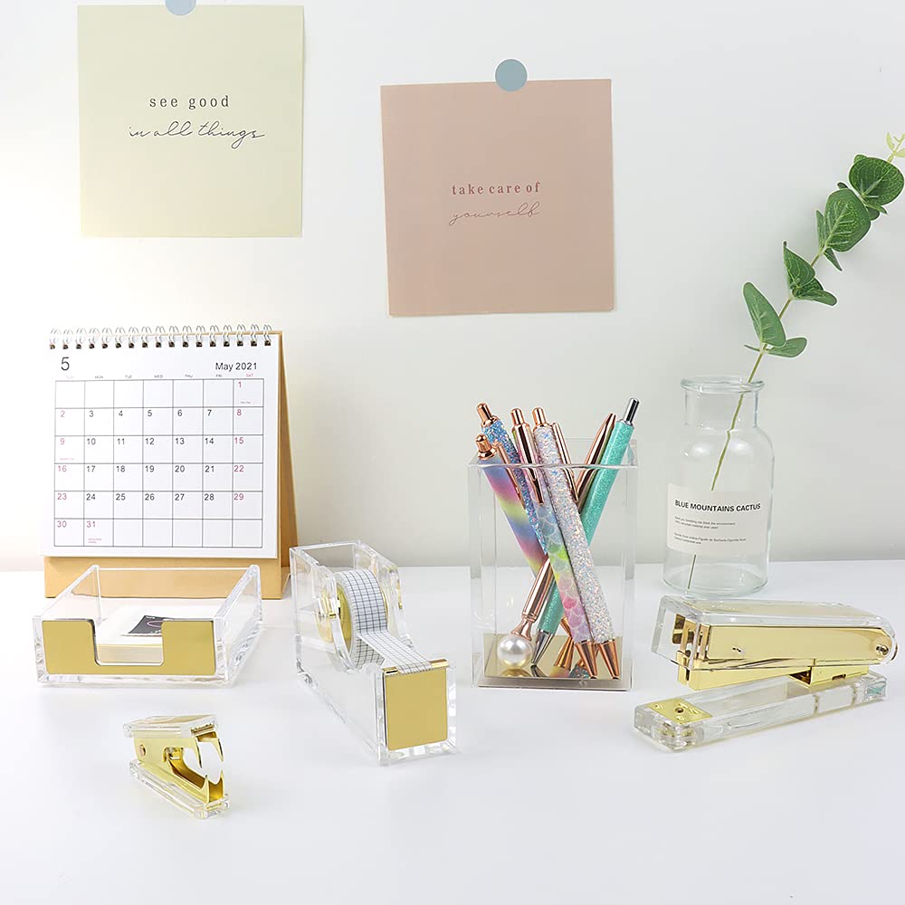 NatSume Basics Gold Acrylic Pen Holder - Clear Pencil Cup & Makeup Brush Organizer for Office, School, Home Desk | Stylish Desktop Accessory for Stationery & Cosmetics Storage