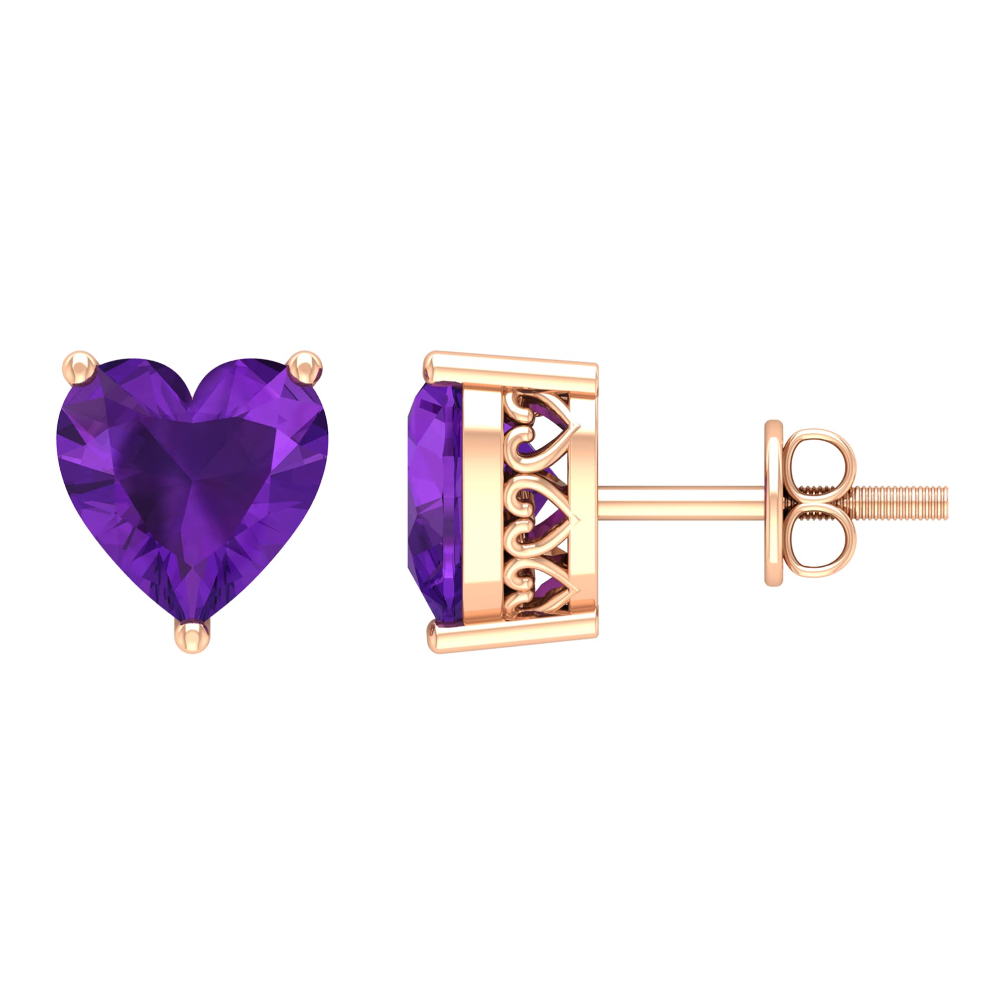7mm Heart Shaped Amethyst Stud Earrings - 14K Solid Gold Flower Design with 3-Prong Setting - Perfect for Valentine's Day Gifts, Anniversary Presents & Everyday Elegance