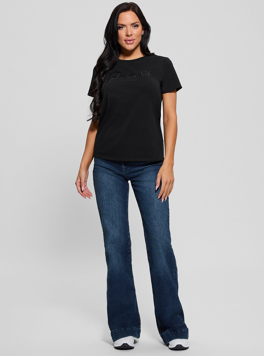Eco-Friendly Black Script Lace Logo T-Shirt for Women - Casual Cotton Tee for Everyday Wear, Street Style & Layering