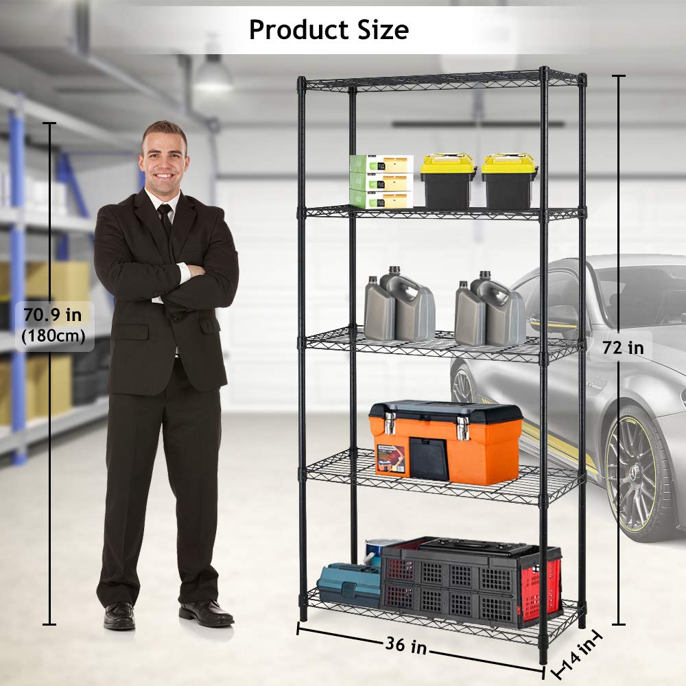 5-Tier Adjustable Heavy Duty Metal Storage Shelves - 250 Lbs Capacity Per Shelf, 36