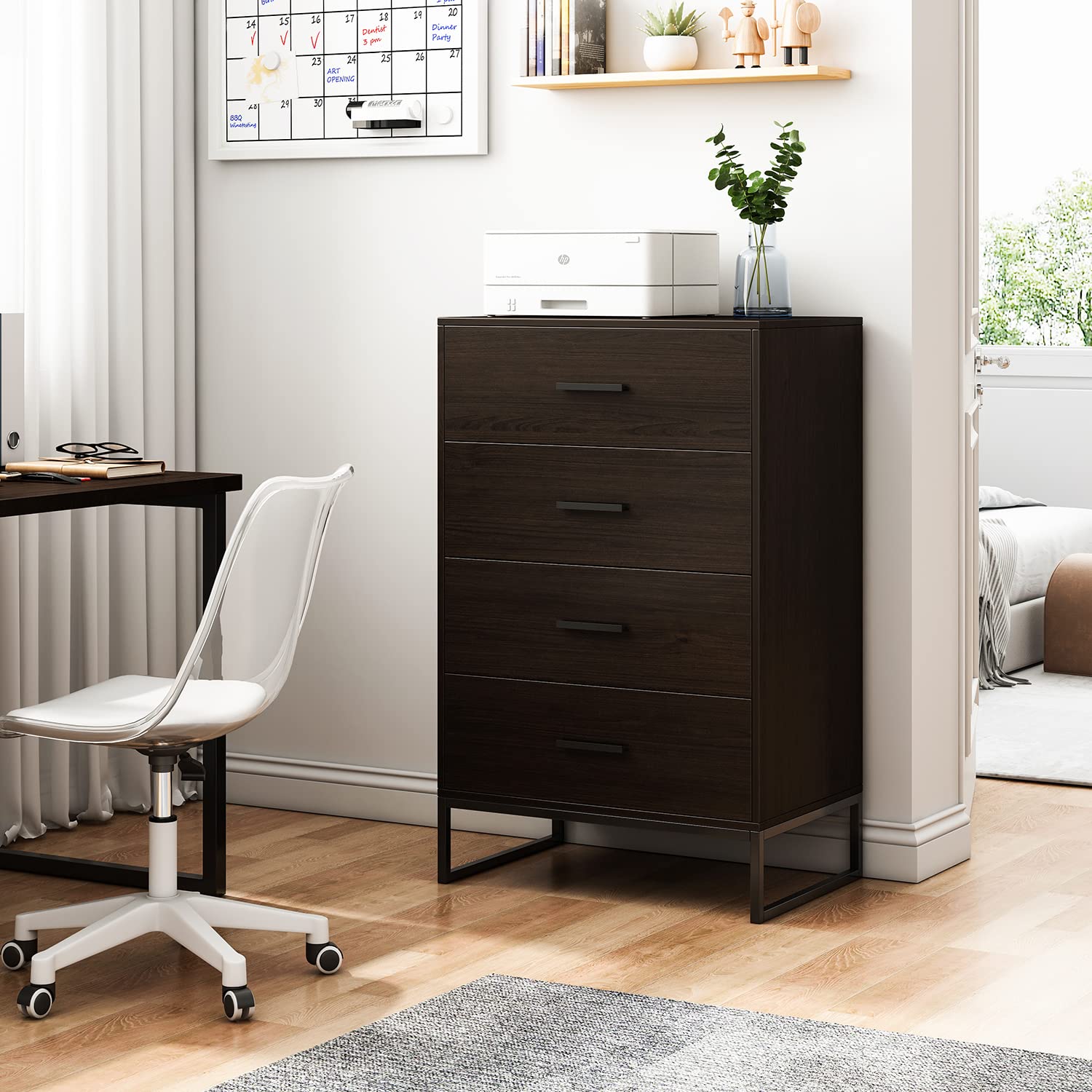 Reyade 4-Drawer Wooden Dresser for Bedroom - Sturdy Metal Frame Chest of Drawers - Tall Dresser for Nursery, Hallway, Living Room & Closet - Black Walnut Finish - Perfect for Storage & Organization