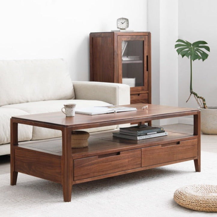 Solid Black Walnut Wood Coffee Table with 4 Drawers - Rustic Modern Living Room Furniture for Home Decor