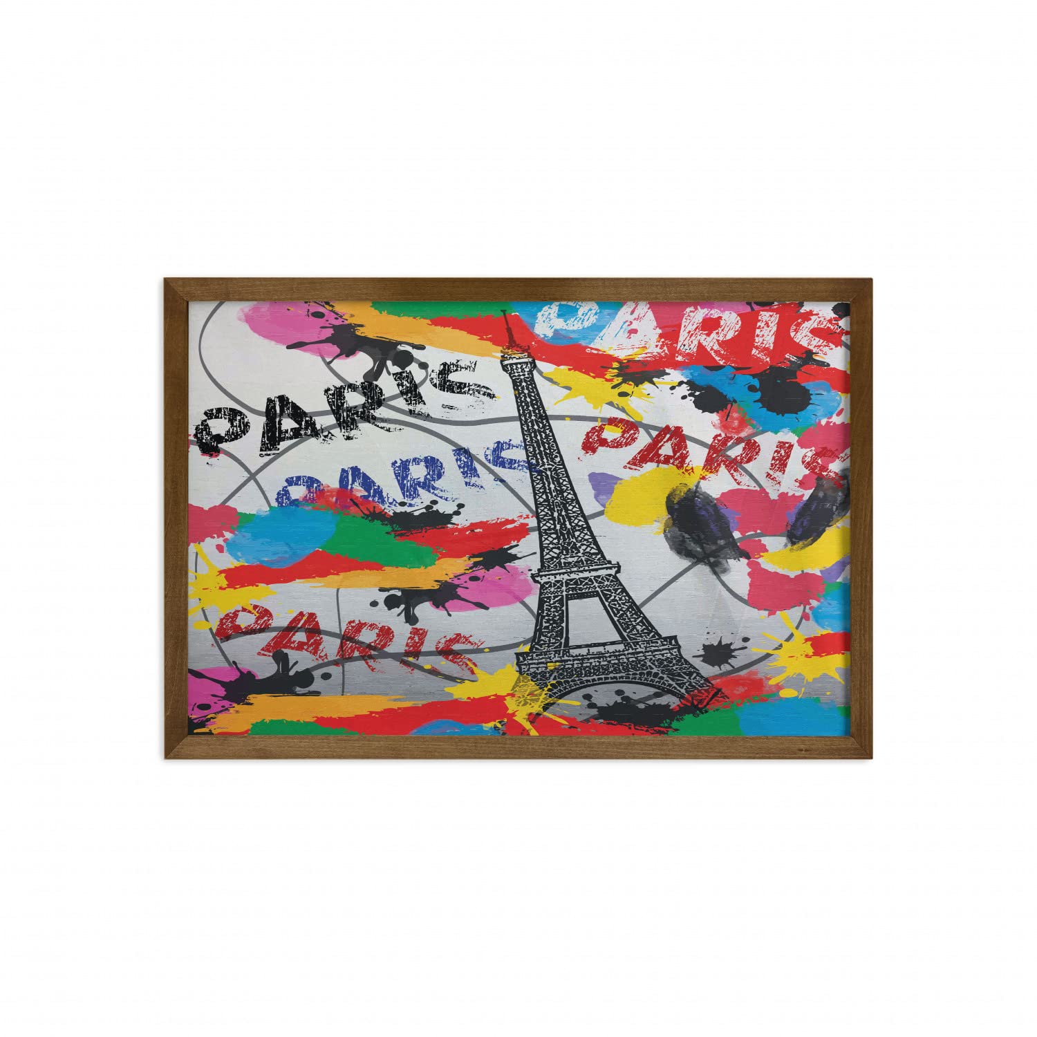 Ambesonne Paris Framed Wall Art - Contemporary Eiffel Tower Outline with Swirling Lines & Paint Strokes Print - Black & Red Fabric Decor with Teak Wood Frame - 35