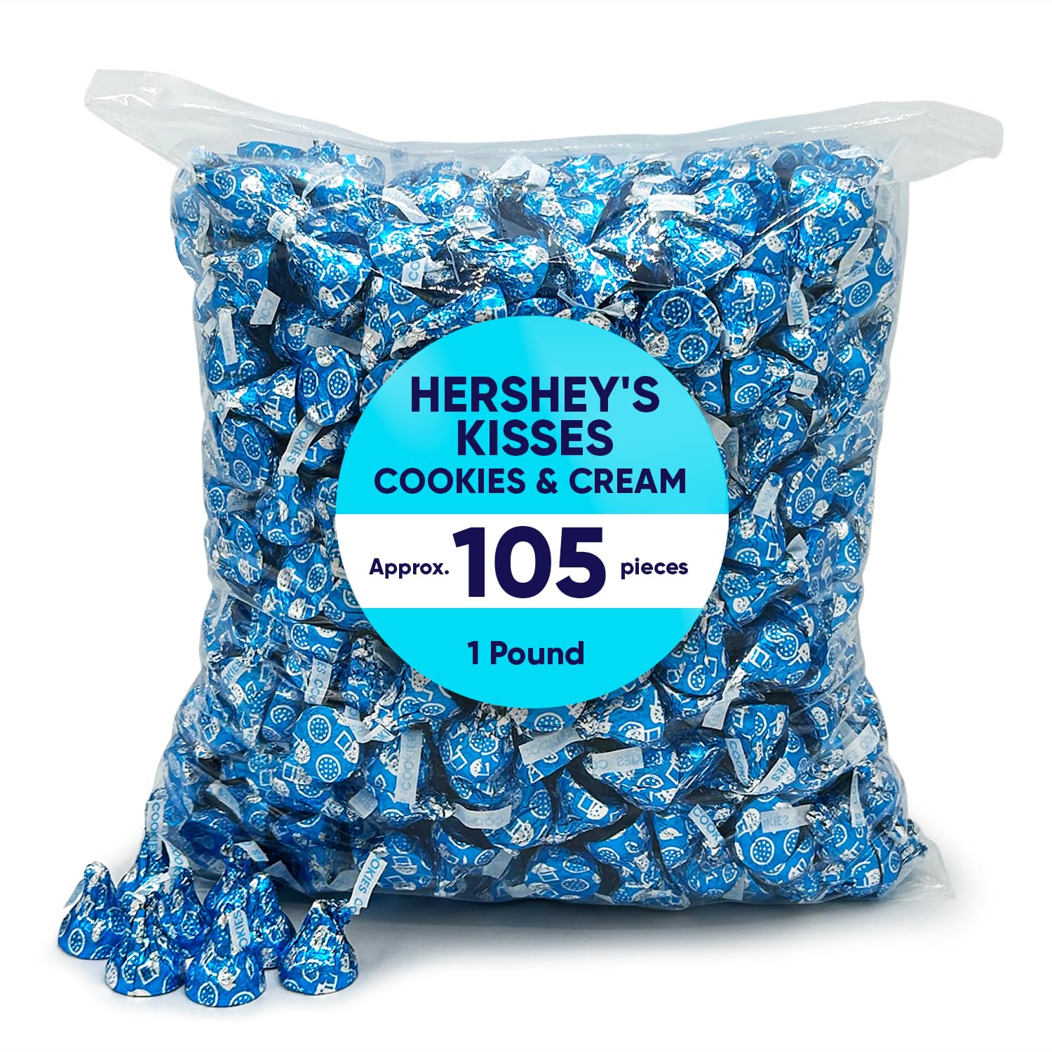 Hershey's Kisses Cookies & Cream Chocolate Chips - 1 Pound Bulk Candy (Approx 105 Pieces) - Individually Wrapped Blue Foil Candies for Gifts, Parties & Holidays - Perfect for Gift Boxes, Piñata Stuffers, Christmas Stockings & Office Treats - Delicious Snacks for Kids & Adults