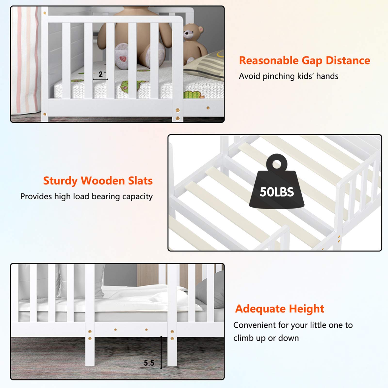 Costzon 2-in-1 Convertible Wood Toddler Bed Frame with Safety Guardrails & Footboard - White Kids Floor Bed for Boys & Girls - Fits Full Size Crib Mattress - Perfect for Nursery, Daycare or First Big Kid Bed