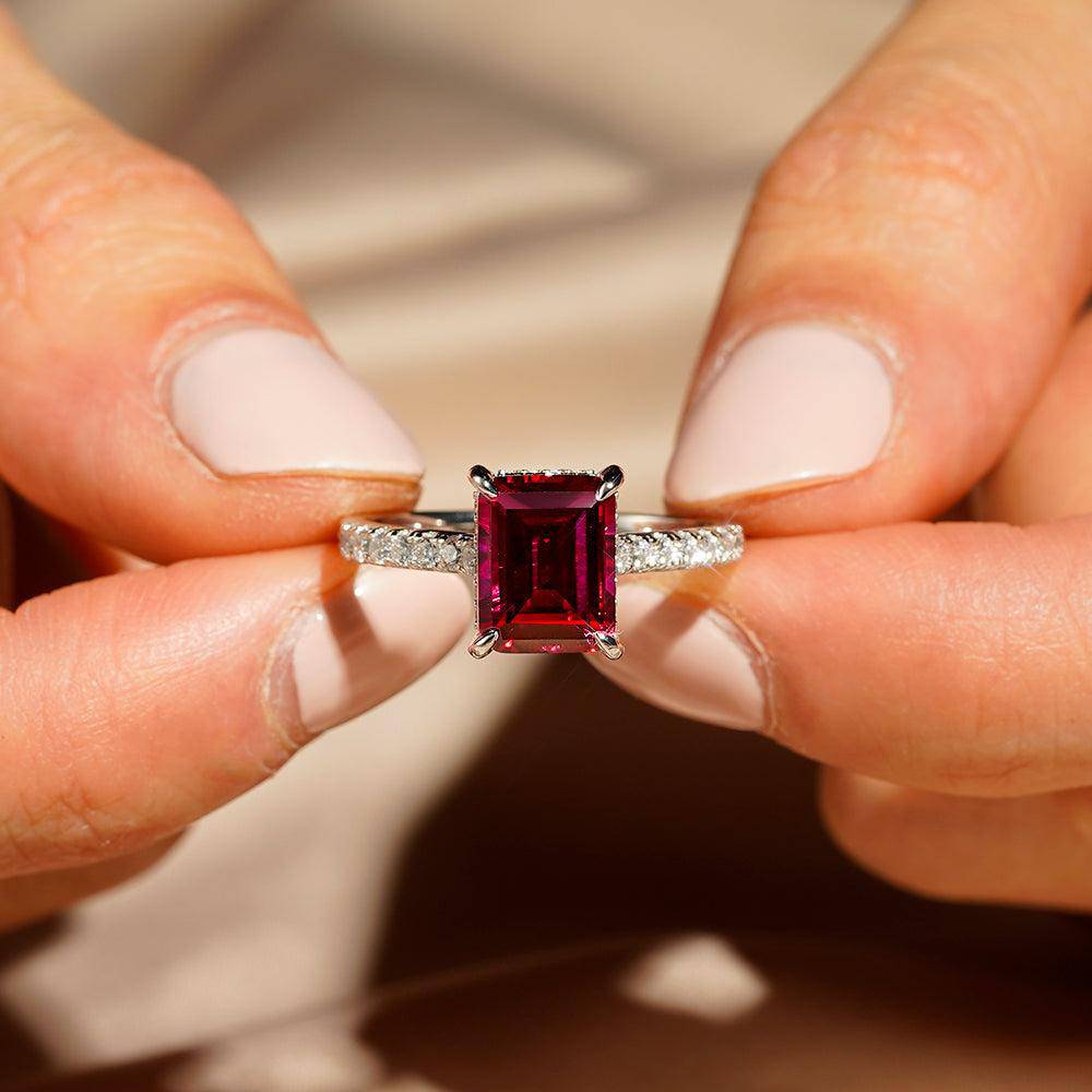 3 CT. Lab Grown Ruby Engagement Ring with Side Stones & Hidden Halo - Perfect for Proposals, Anniversaries & Special Occasions