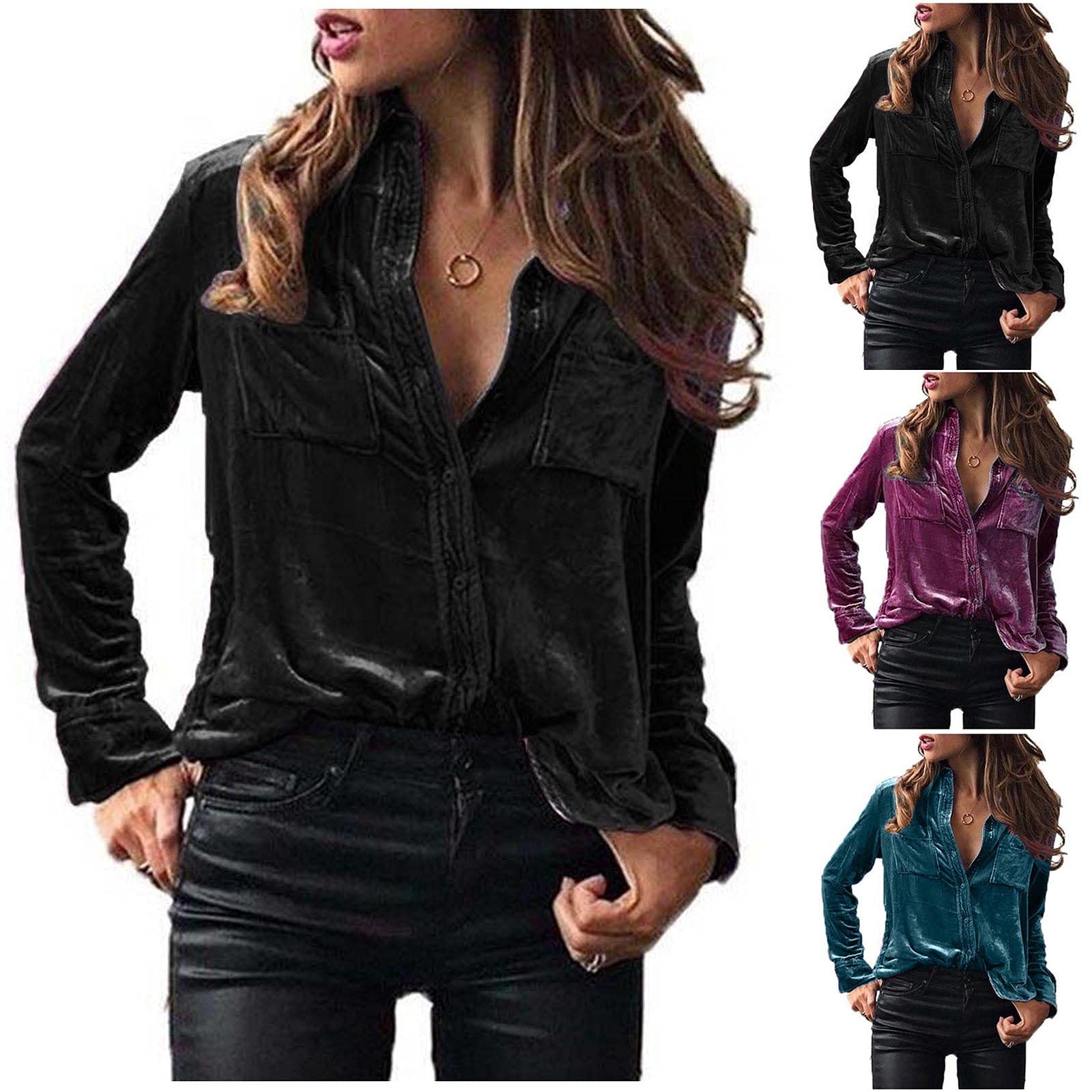 Women's Winter Velvet V-Neck Long Sleeve Tunic Blouse with Pocket - Casual Fashion Tops for Work, Date Night & Holiday Outfits