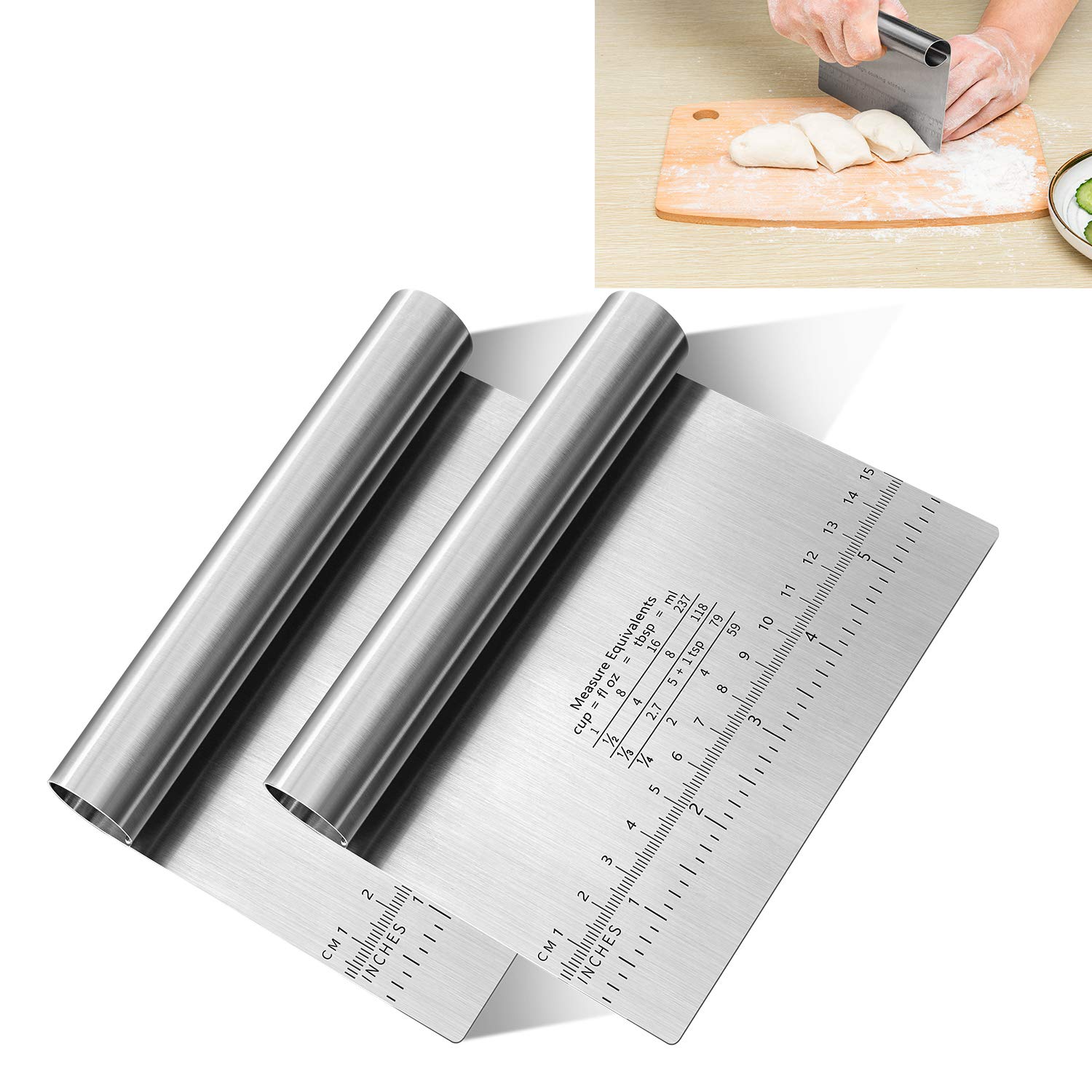 Stainless Steel Pastry Scraper & Dough Cutter Set - 2PC Multipurpose Baking Tools with Measuring Scale for Cake Decorating, Pizza Cutting, Bread Slicing - Professional Kitchen Baking Accessories for Home Bakers and Chefs