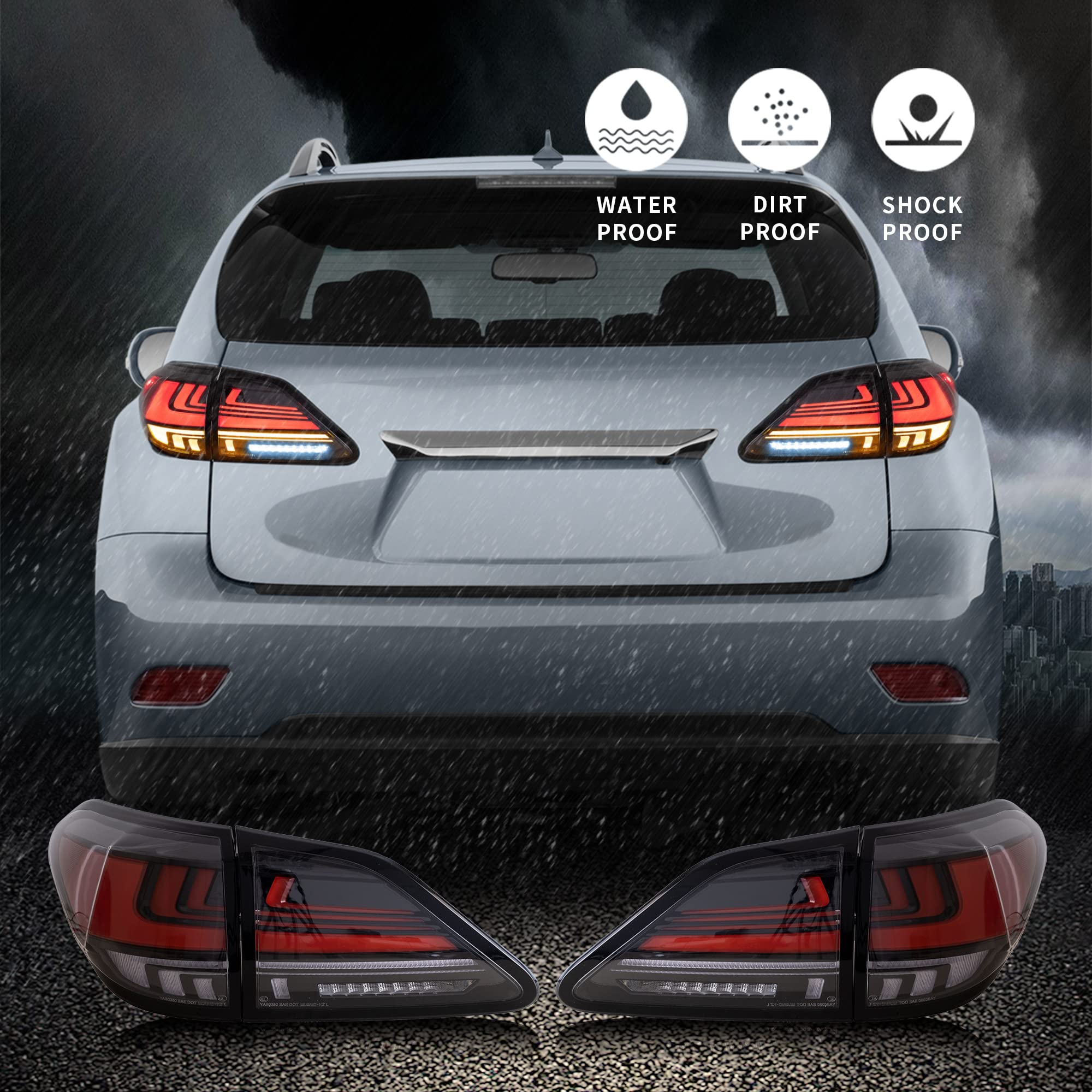 VLAND LED Tail Lights Assembly for 2009-2014 Lexus RX270 RX350 RX450 RX330 RX440H - Dynamic Animation LED Running Lights & Sequential Turn Signals - Red & Smoked (Driver & Passenger Side) - Perfect for Night Driving & Car Customization