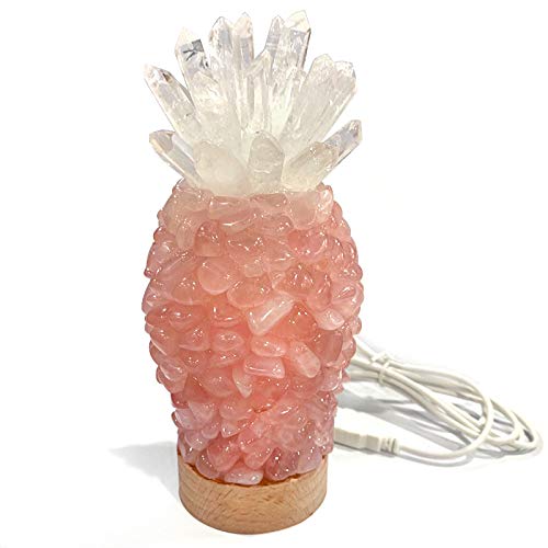 Handmade Pineapple Night Light with Natural Pink Crystal Raw Stone & White Crystal Pillar - Soothing Bedroom Decor, Kids Room Nightlight, Gift for Home & Spa Relaxation