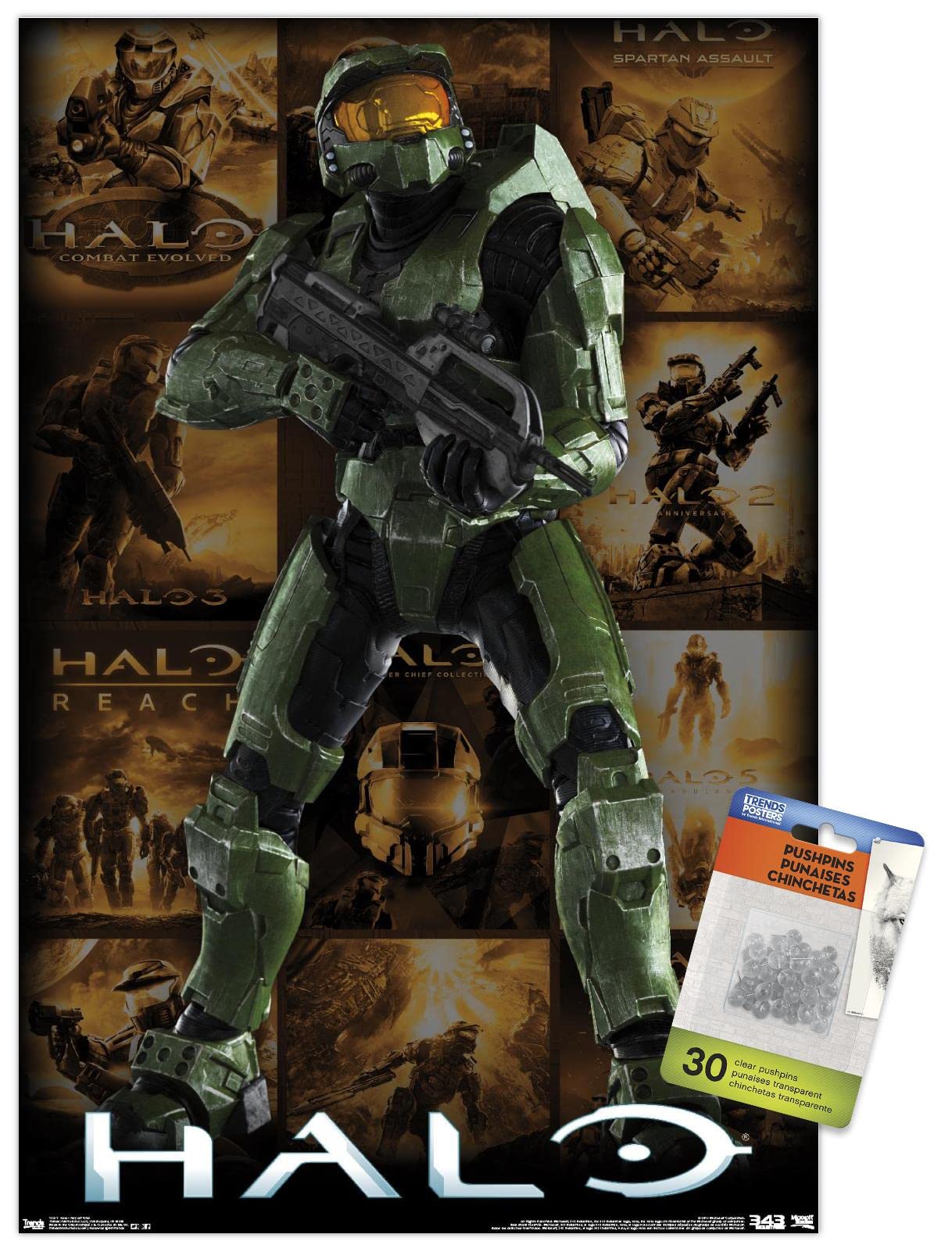 Halo Video Game Key Art Grid Wall Poster with Push Pins - Decorative Gamer Room Decor for Bedroom, Office & Man Cave