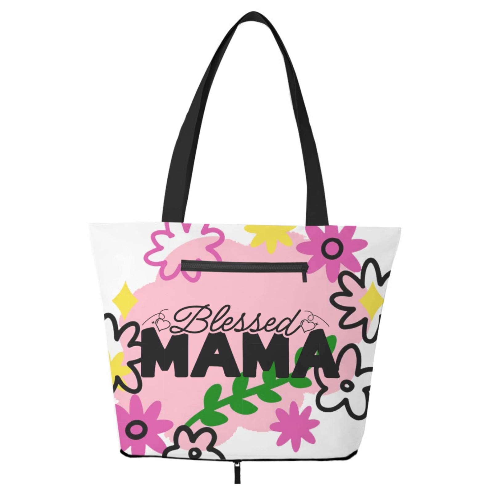 Blessed Mom Tote Bag for Women - Large Reusable Shoulder Bag with External Pocket | Mother's Day Gift, Shopping & Travel Bag | Perfect for Work, Church & Daily Use