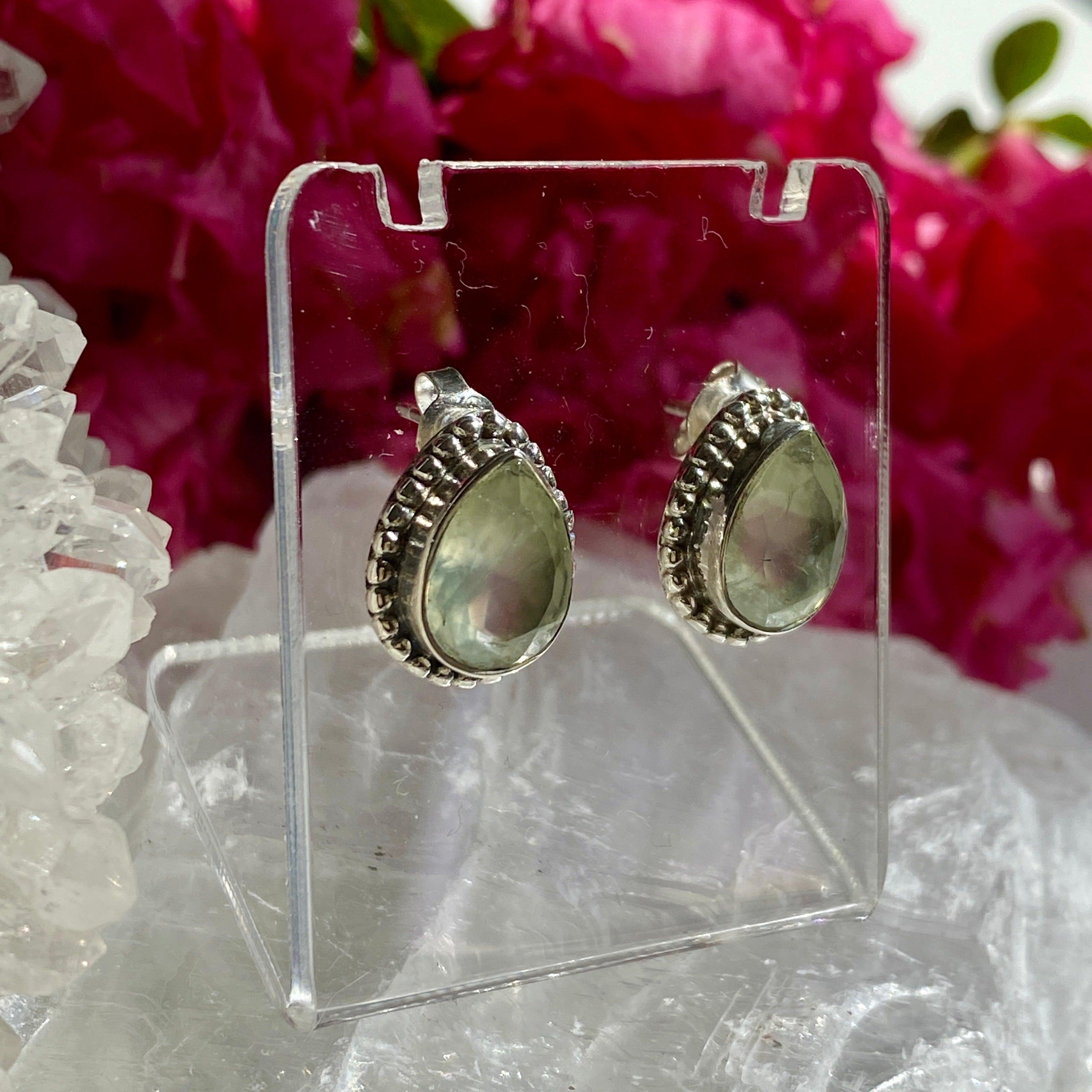Prehnite Faceted Teardrop Stud Earrings - Handmade Gemstone Jewelry for Women - Perfect for Weddings, Parties & Everyday Wear