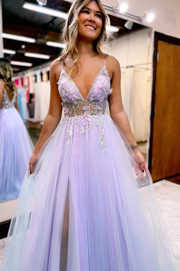 Elegant A-Line V-Neck Spaghetti Strap Tulle Prom Dress with High Slit - Perfect for Homecoming, Formal Dances & Special Occasions