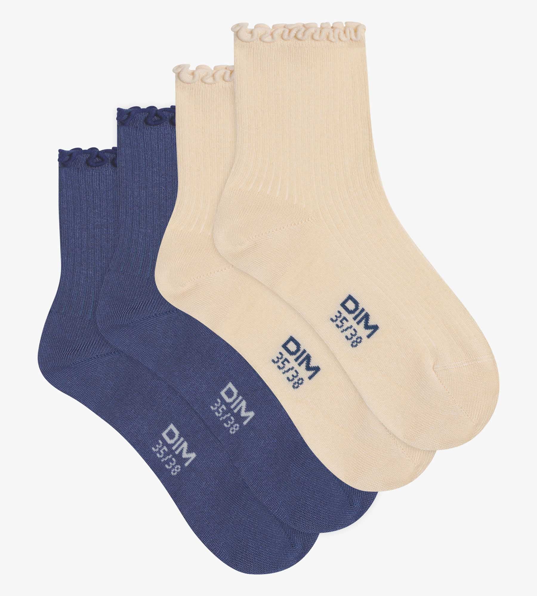 2 Pairs Women's Lace Trim Socks - Soft Modal Blend in Blue & Cream | Comfortable & Stylish for Everyday Wear, Work, and Casual Outfits