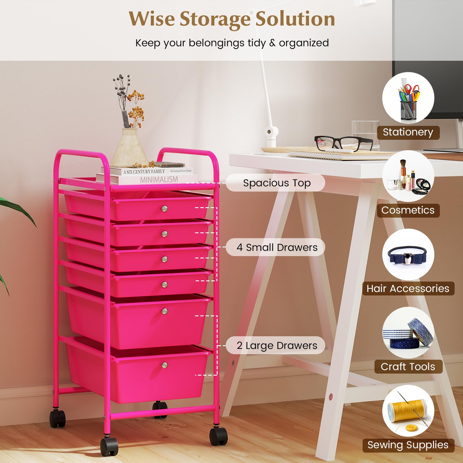 RELAX4LIFE 6-Drawer Rolling Storage Cart with Removable Plastic Bins - Mobile Organizer for Classroom, Home Office & Craft Supplies | Portable Utility Cart for School, Art Projects & Office Organization (Pink)
