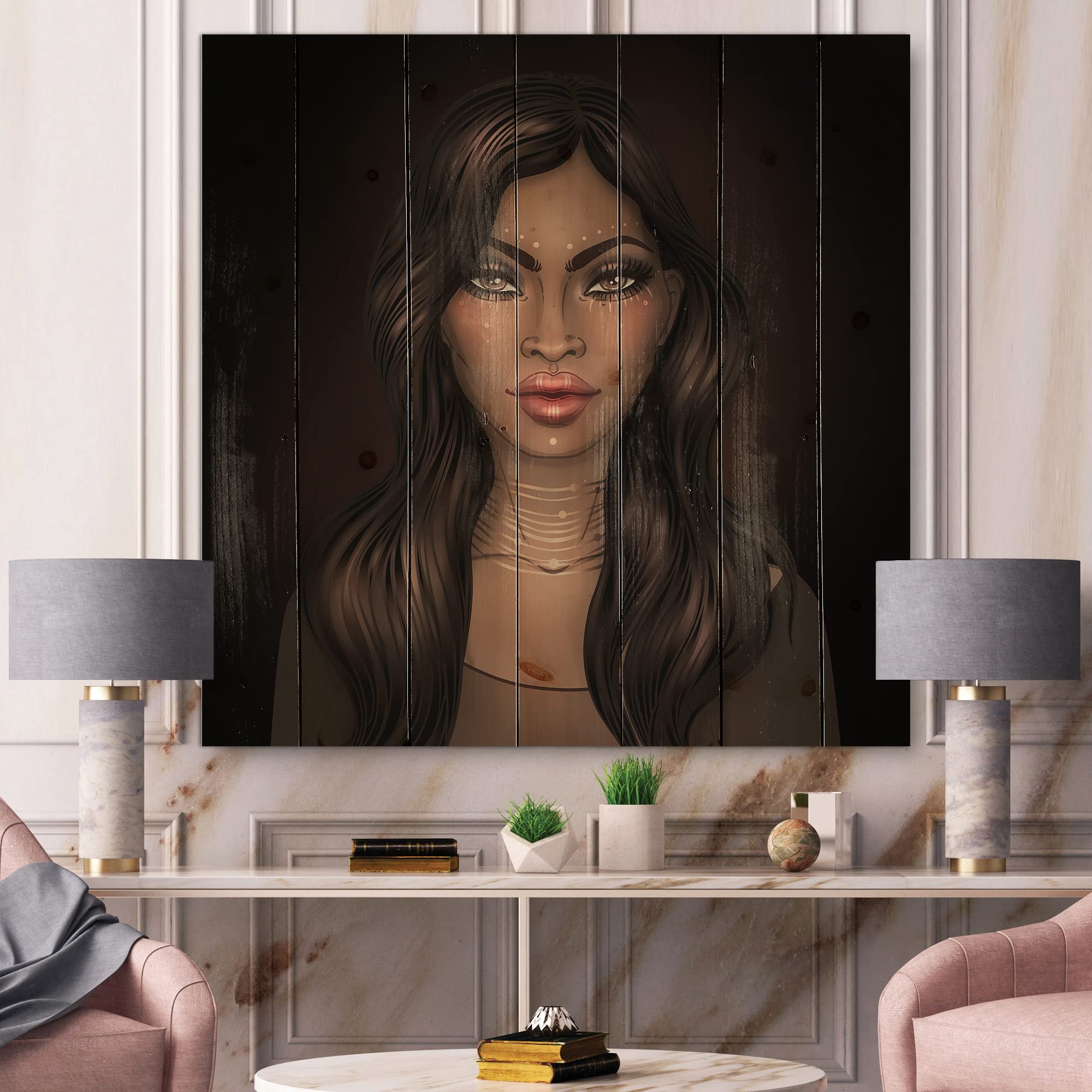 Modern African American Woman Portrait Wood Wall Art - Contemporary Brown Wood Panel Decor, Large Pine Wood Wall Hanging for Living Room, Bedroom & Office