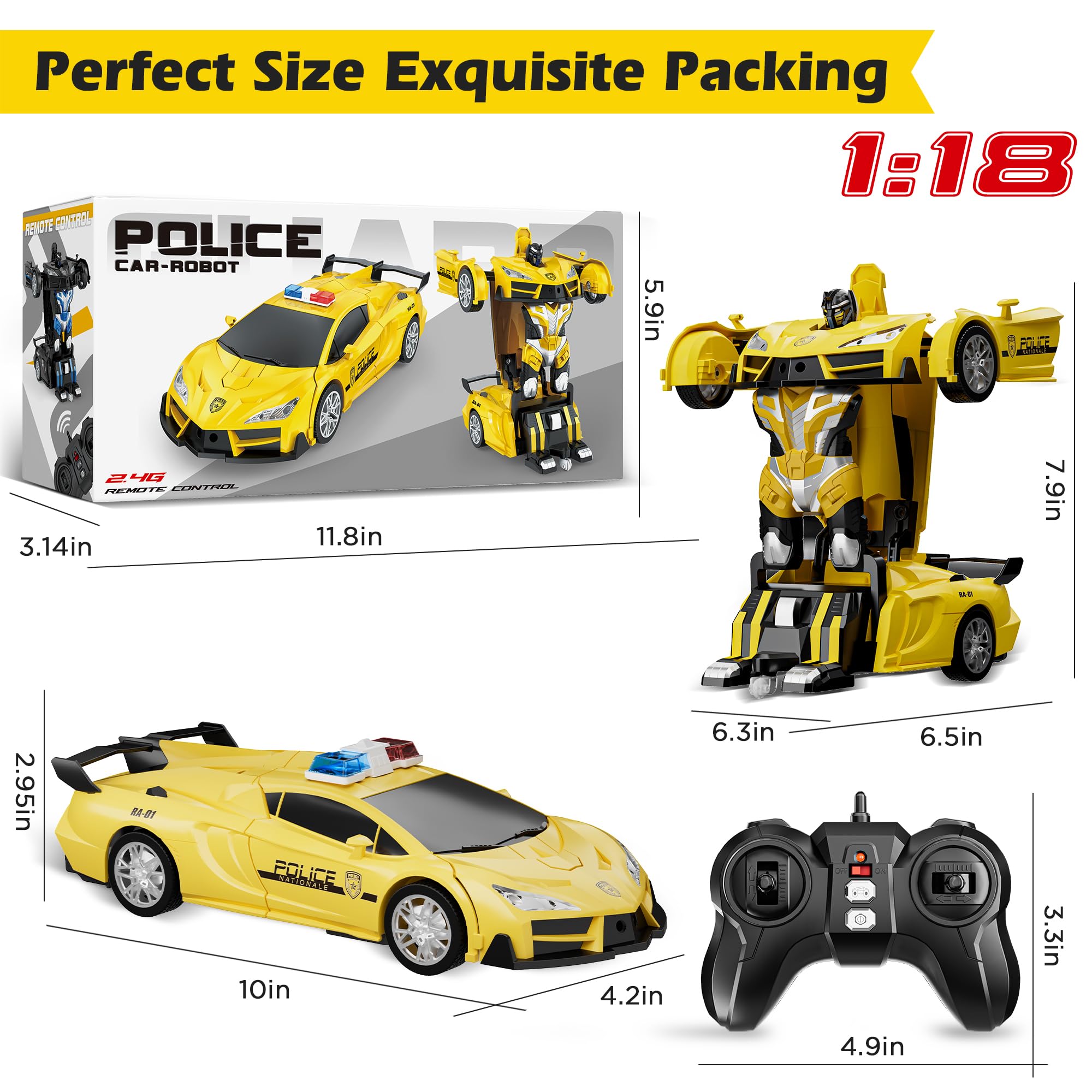 2.4Ghz Remote Control Car - 1:18 Scale Transforming Robot Police Toy with One-Button Deformation & 360° Rotation for Kids Ages 4-12 | Interactive RC Toy for Boys & Girls (Yellow) | Perfect for Indoor Play, Birthday Gifts & STEM Learning