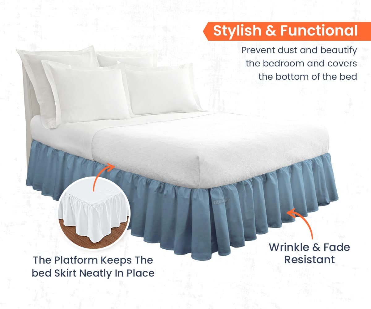 18 Inch Ruffled Bed Skirt - Premium Microfiber King Size Bedskirt in Mediterranean Blue | Fade, Wrinkle & Static Resistant | Decorative Design with Extra Storage Space | Perfect for Master Bedrooms, Guest Rooms & Clutter-Free Home Decor