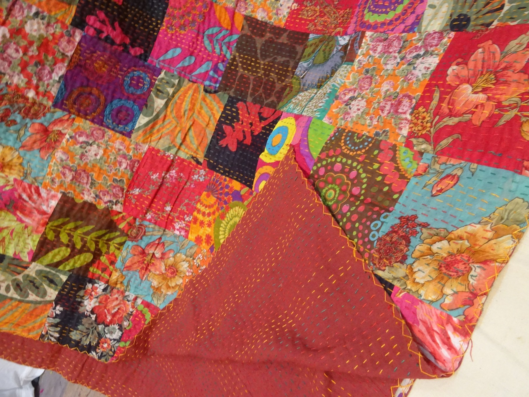 Handmade Tribal Asian Textiles Pure Cotton Queen Size Bedspread - Reversible Kantha Stitch Quilt & Indian Bed Cover - Perfect for Boho Chic Bedroom Decor, Guest Room Throw, or Cozy Living Room Accent