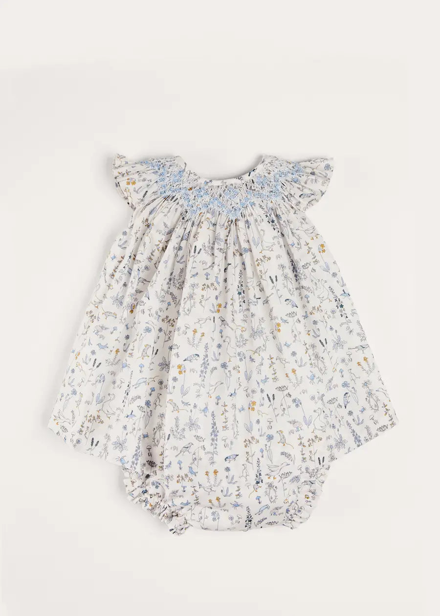 Ellis Sleeveless Dress with Bloomer and Bows in Blue | Liberty Fabric Baby Dress | 12 Months Size | Perfect for Special Occasions & Photo Shoots