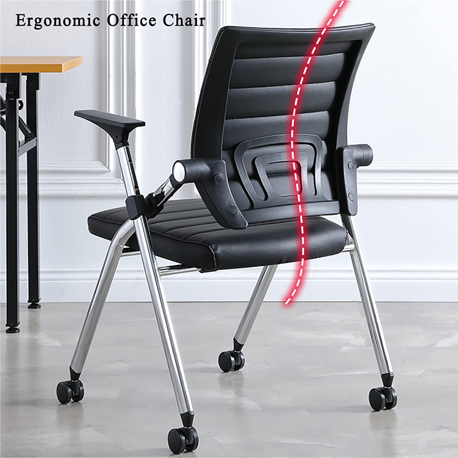 Ergonomic Folding Office Chair with Wheels & Arms - Adjustable Leather Padded Seat for Home & Workspace - Black - Perfect for Small Spaces, Guest Seating & Temporary Workstations
