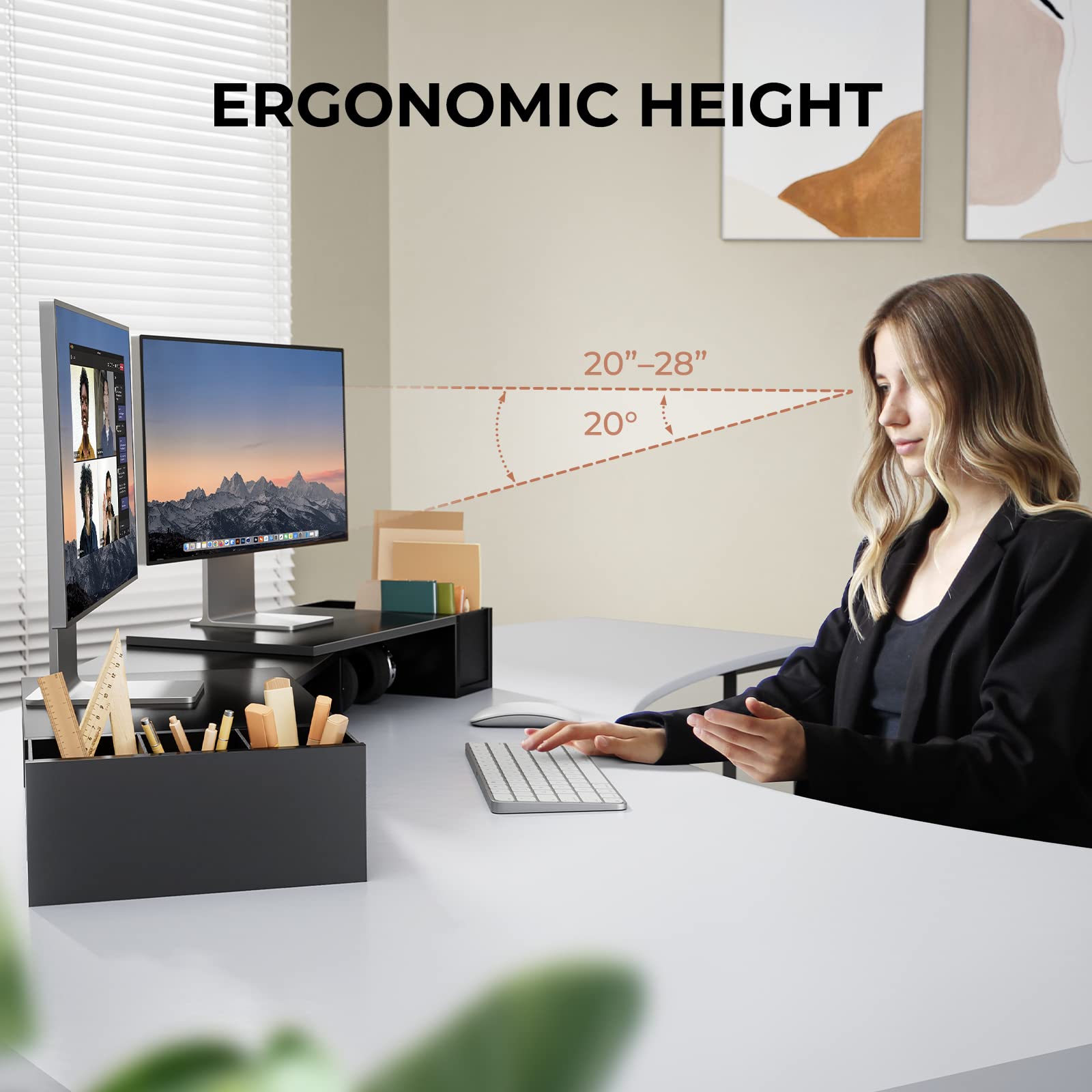 LORYERGO Adjustable Dual Monitor Stand with Laptop Holder & Storage Slots - Ergonomic Height & Angle Adjustment for Home & Office Workspace