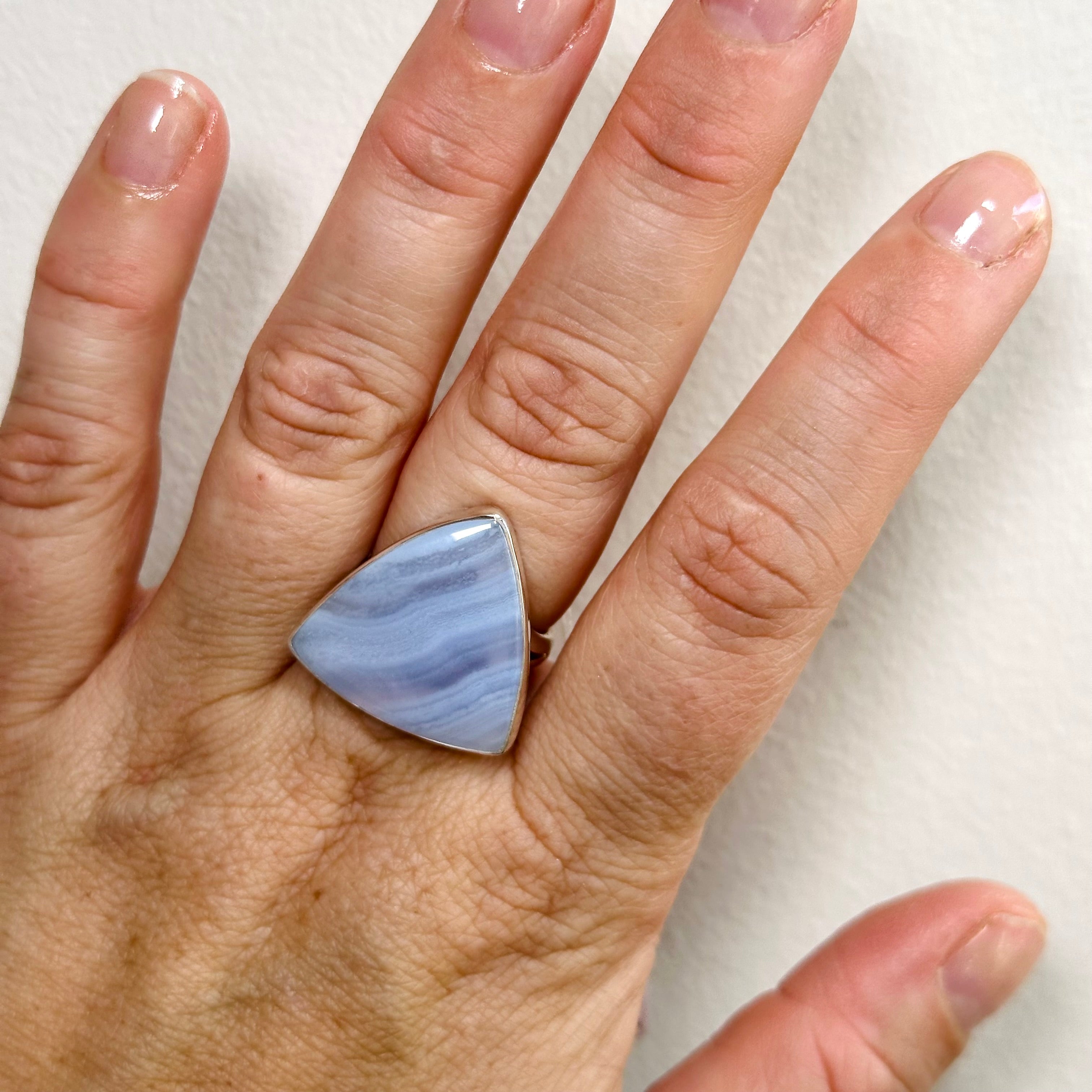 Blue Lace Agate Triangular Cabochon Ring - Size 8 - KRGJ3383 - Perfect for Boho Jewelry & Spiritual Healing
