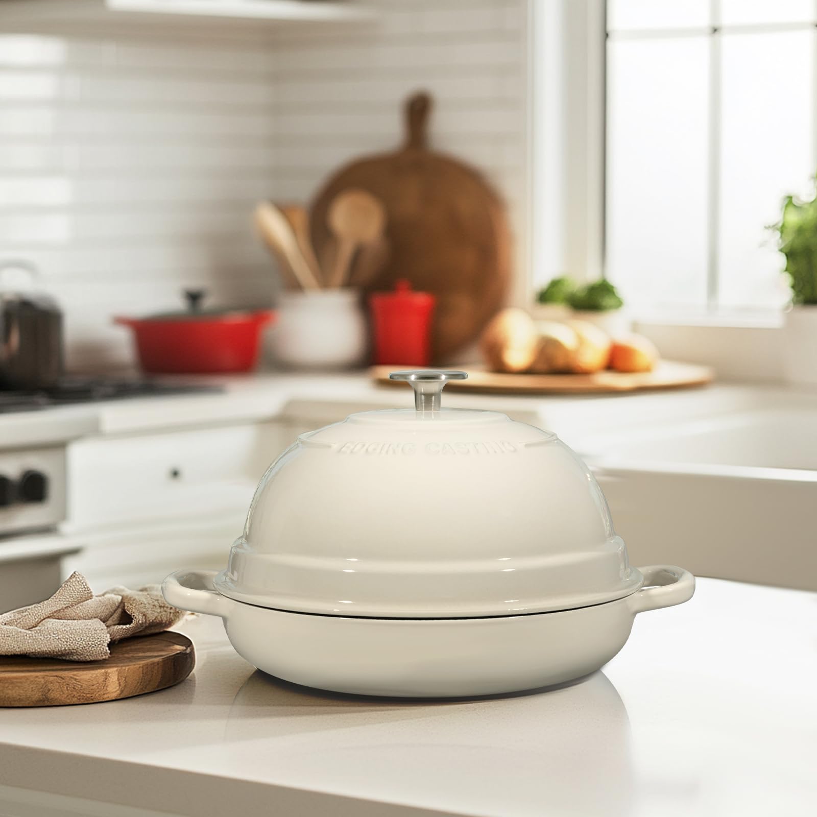 Premium 6 Quart Enameled Cast Iron Dutch Oven with Lid - Perfect for Baking Homemade Sourdough Bread, Artisan Loaves & No-Knead Bread | Round Bread Oven for Camping, Outdoor Cooking & Kitchen Use (White)