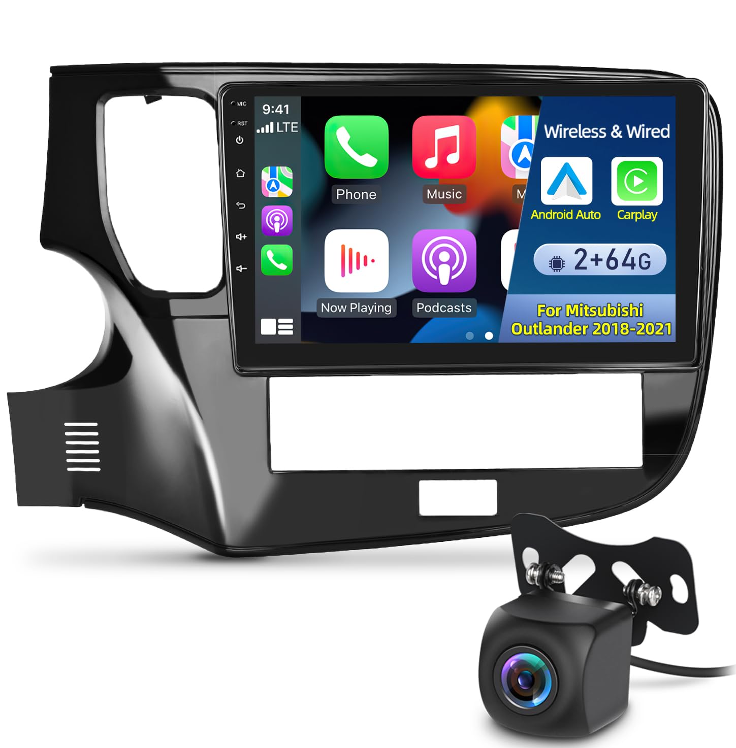 NHOPEEW 10.1 Inch Android 13 Car Stereo for Mitsubishi Outlander 2018-2021 - 2+64GB, Wireless Apple CarPlay & Android Auto, Touchscreen Bluetooth GPS WiFi, HIFI Audio with AHD Backup Camera & Mic - Perfect for Road Trips & Daily Commuting
