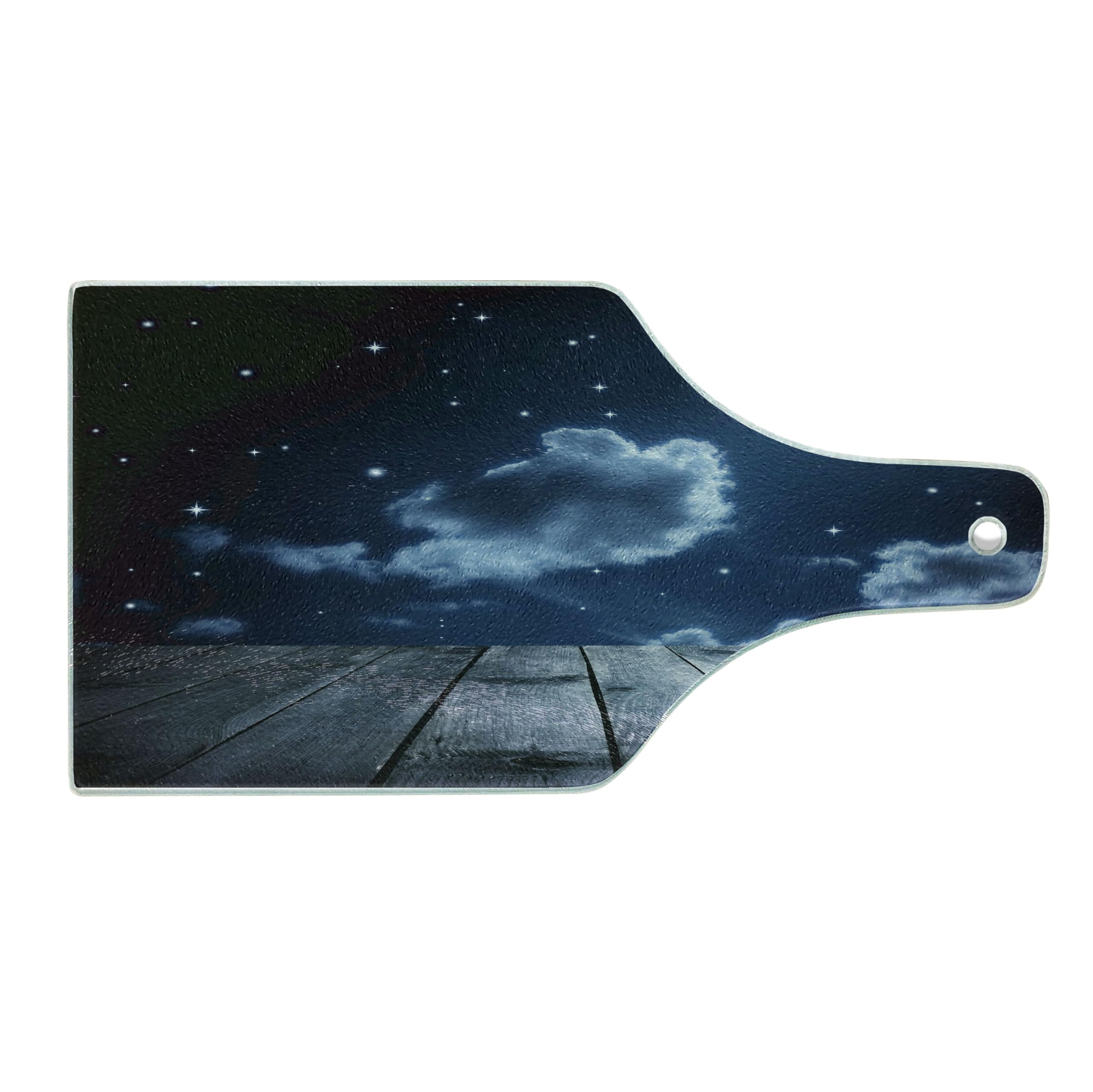 Ambesonne Dark Blue Wooden Cutting Board - Celestial Night Sky with Stars, Clouds & Crescent Moon - Decorative Tempered Glass Serving Board (Wine Bottle Shape) - Perfect for Cheese Platters, Charcuterie & Wine Pairings - Dark Blue & White Kitchen Decor